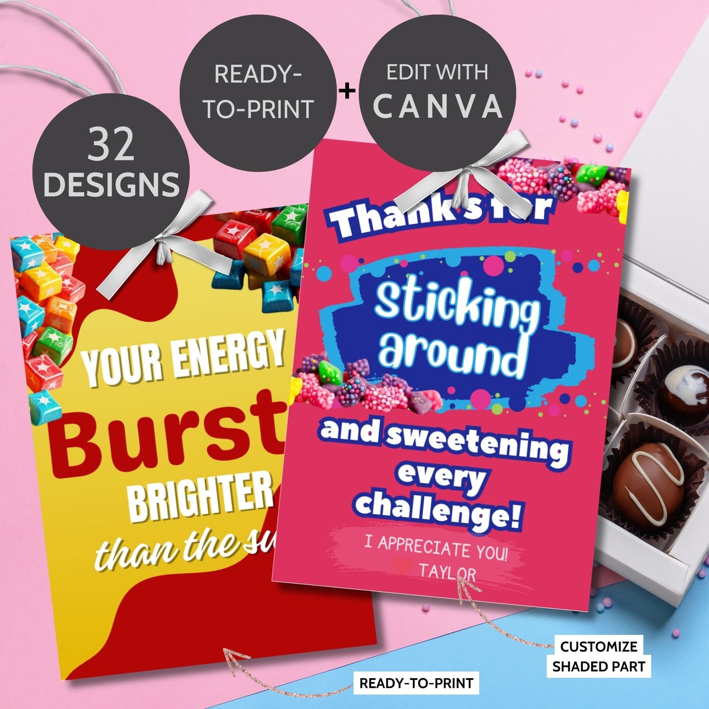 32 Printable and editable snack and candy treat tags for employees. Features appreciation messages, customizable text, and a ready-to-print PDF format.