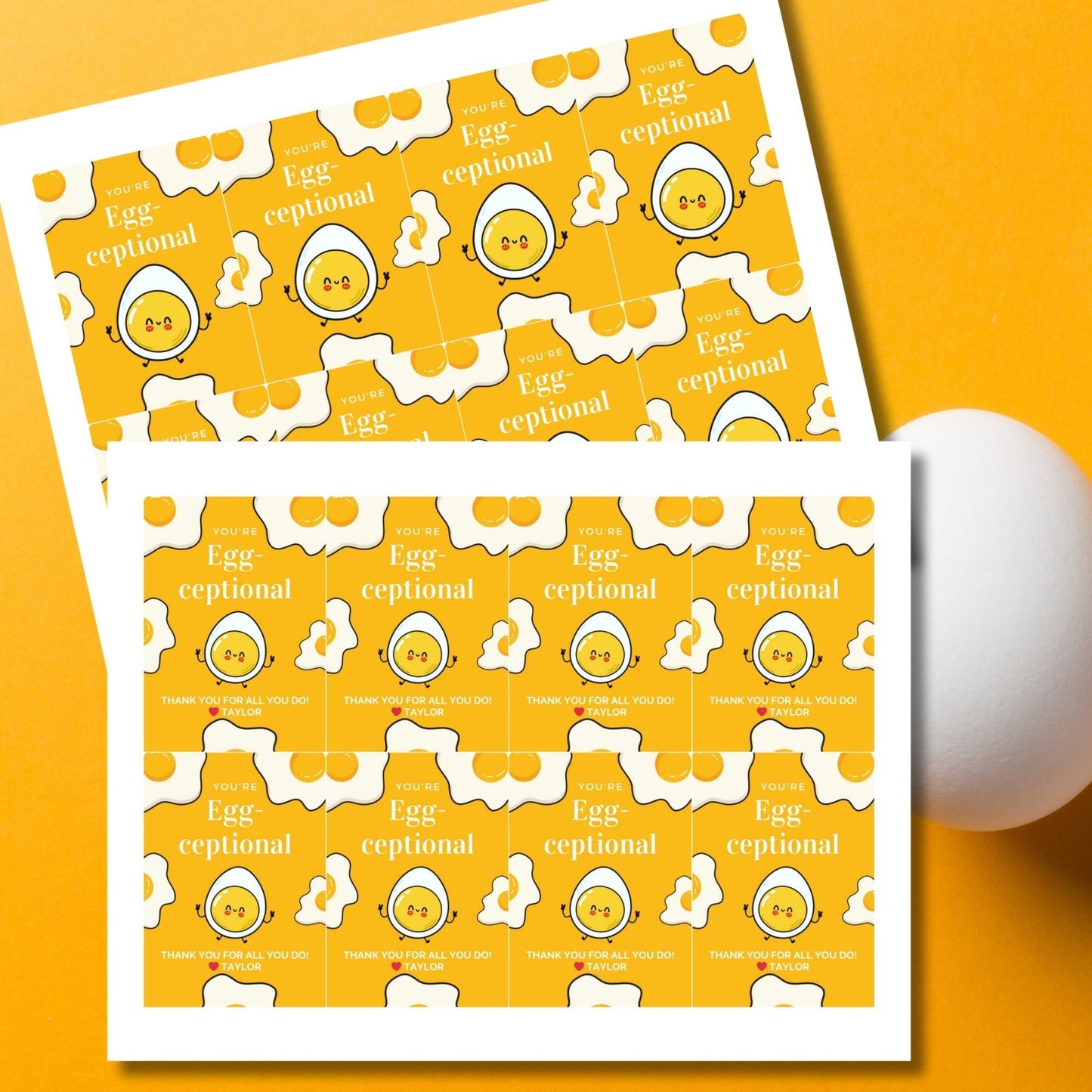 Cheery Youre Egg-ceptional appreciation tags with a cute smiling egg, customizable for names on Canva, perfect for spreading joy and thanks.