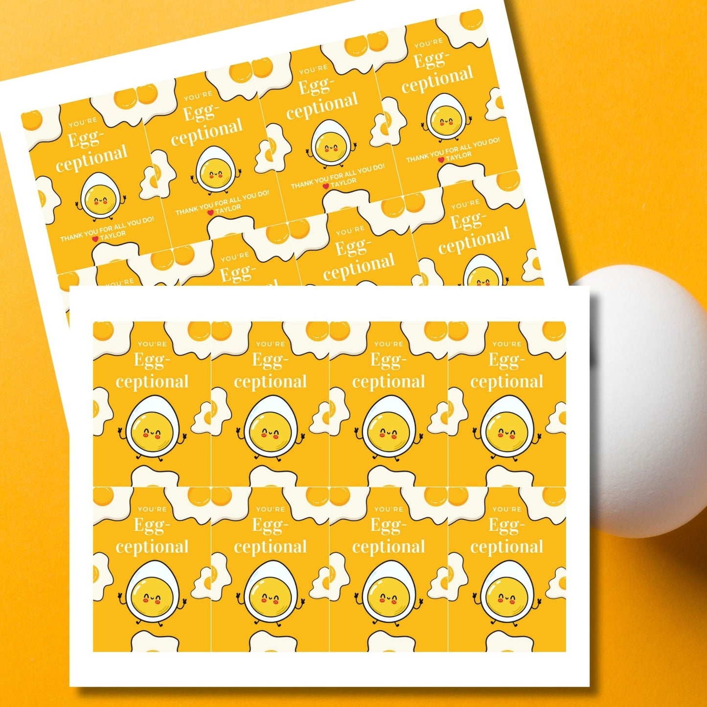 Cheery Youre Egg-ceptional appreciation tags with a cute smiling egg, customizable for names on Canva, perfect for spreading joy and thanks.