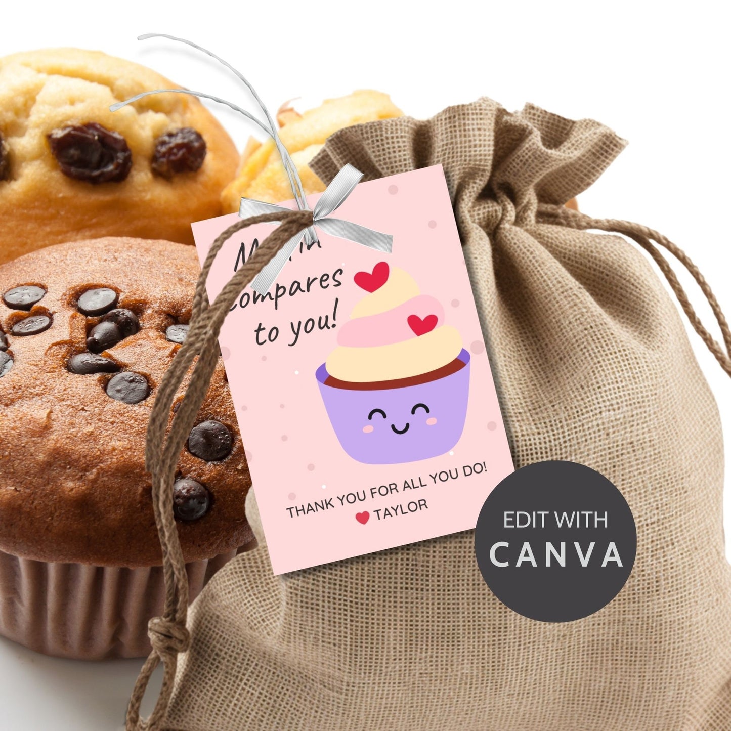 Charming Muffin Compares to You gift tags featuring a cute muffin cartoon, customizable for names via Canva, ideal for thanking and appreciating someone special.