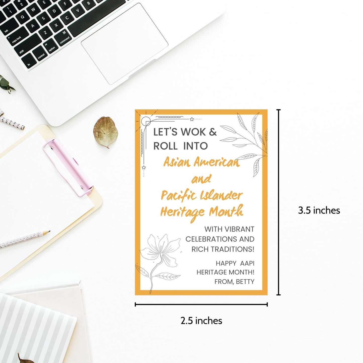 Eight vibrant gift tags with the text Let's Wok & Roll into Asian American and Pacific Islander Heritage Month and customizable name fields, decorated with elegant floral designs.