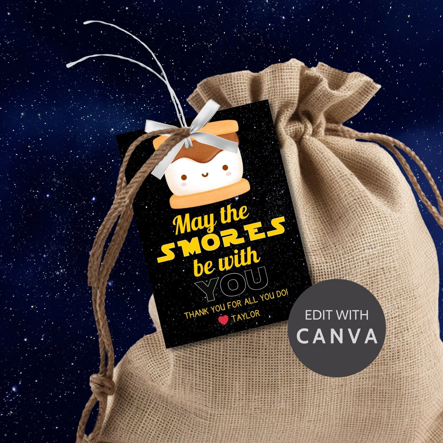 Whimsical May the Smores Be with You gift tags featuring a cute s'mores design against a starry background, customizable for names, perfect for showing appreciation.