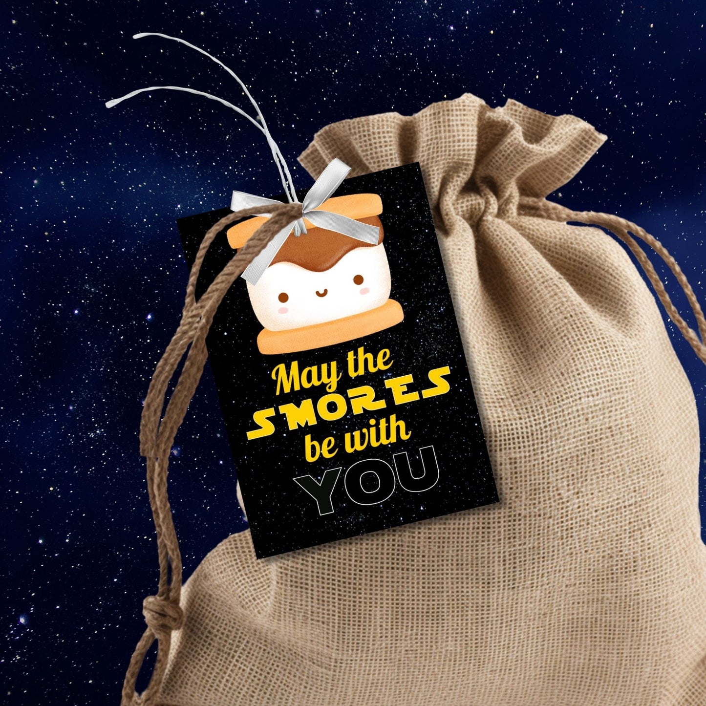 Whimsical May the Smores Be with You gift tags featuring a cute s'mores design against a starry background, customizable for names, perfect for showing appreciation.