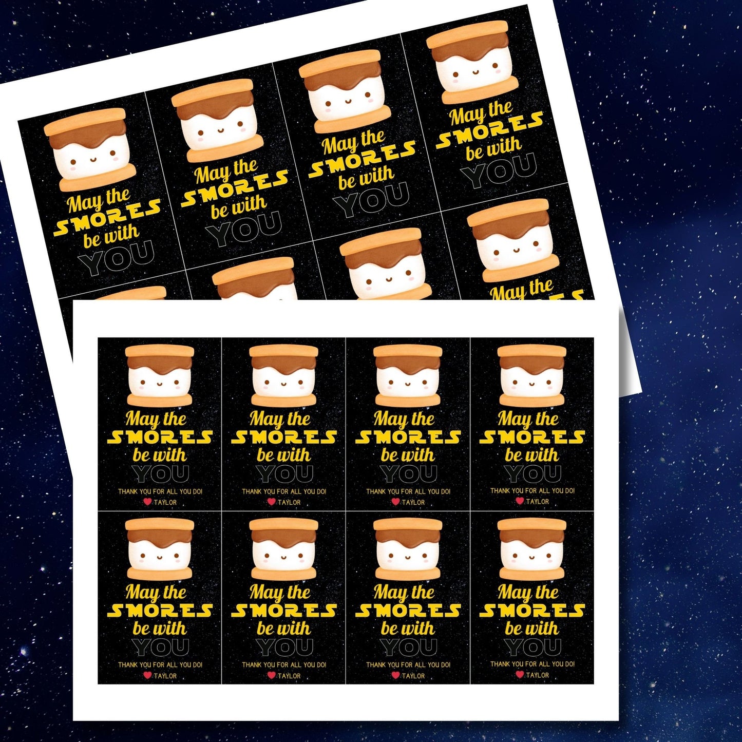 Whimsical May the Smores Be with You gift tags featuring a cute s'mores design against a starry background, customizable for names, perfect for showing appreciation.