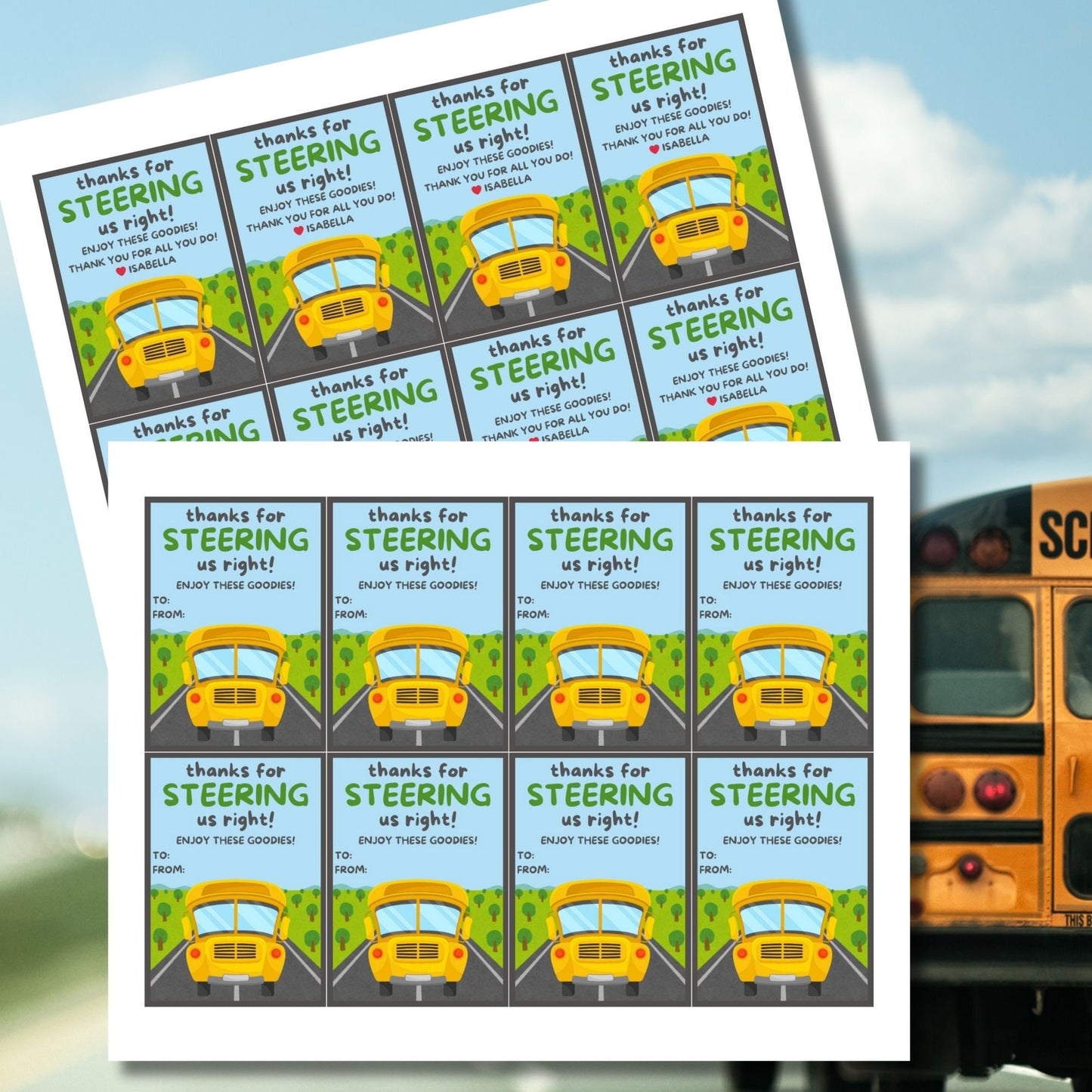 Printable bus driver appreciation tags featuring a school bus, trees, road, and the words Thanks for steering us right. Space for a personal note included.