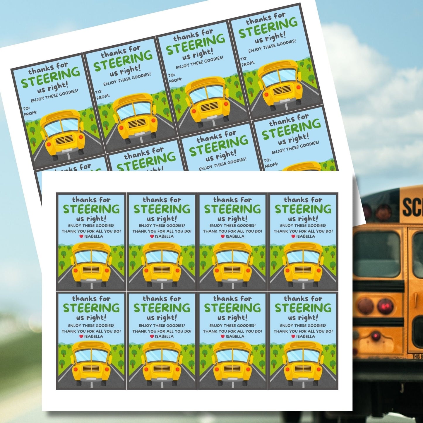 Printable bus driver appreciation tags featuring a school bus, trees, road, and the words Thanks for steering us right. Space for a personal note included.