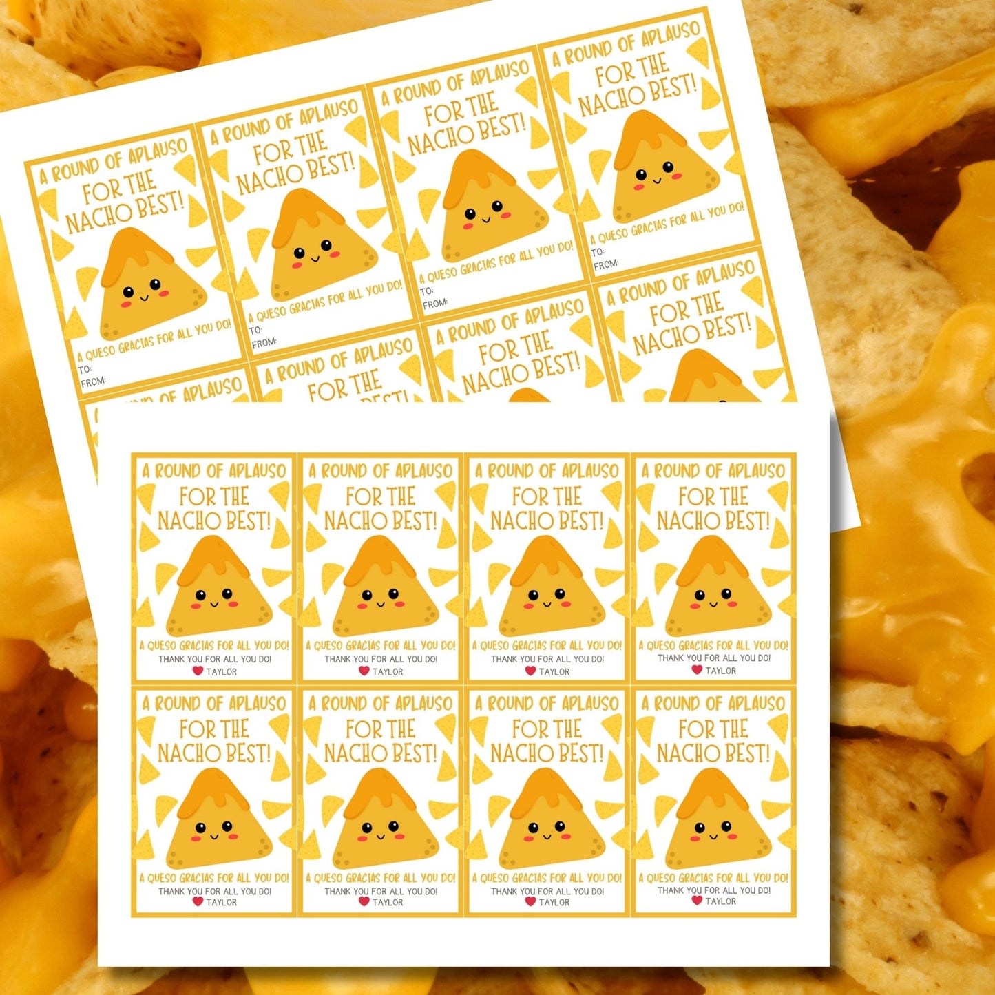 Cheerful Cinco de Mayo gift tags featuring a cute nacho with the words A Round of Aplauso for the Nacho Best! and A Queso Gracias for all you do! against a festive yellow background.