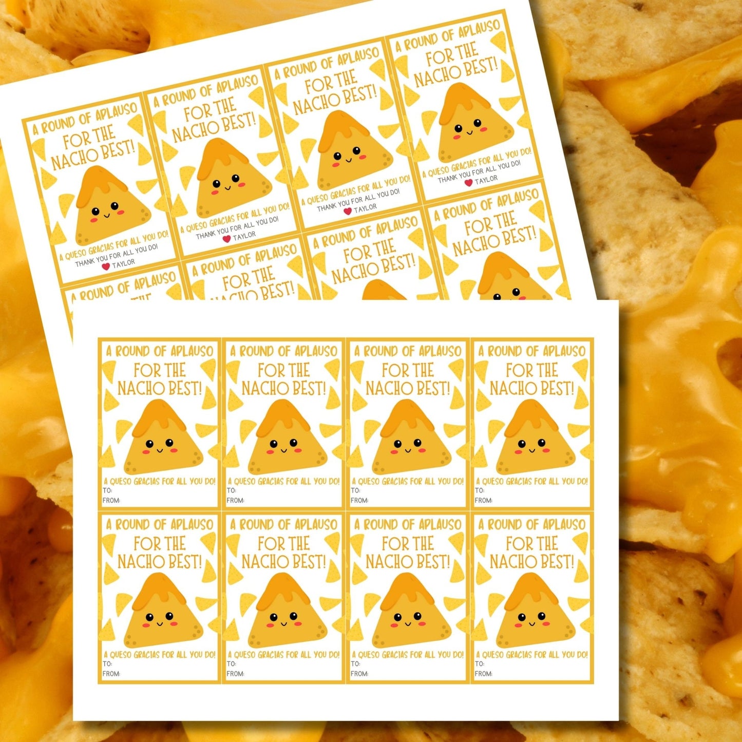 Cheerful Cinco de Mayo gift tags featuring a cute nacho with the words A Round of Aplauso for the Nacho Best! and A Queso Gracias for all you do! against a festive yellow background.