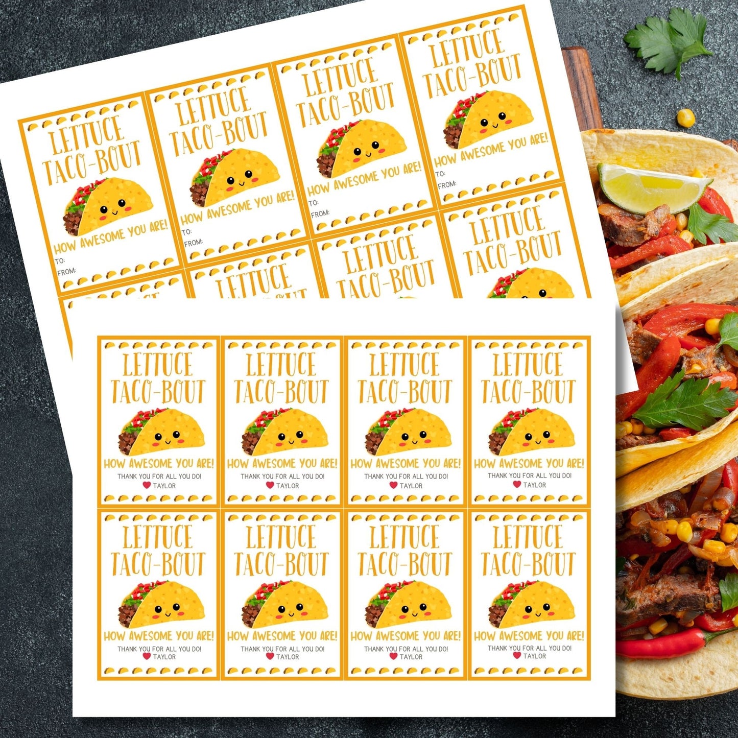 Fun and colorful Cinco de Mayo gift tags featuring a smiling taco with Lettuce Taco-Bout How Awesome You Are! text, designed to brighten anyone's day.