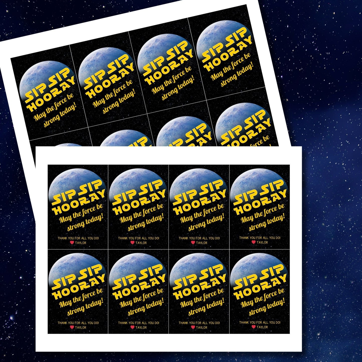 Star Wars-themed Sip Sip Hooray! May the force be strong today! gift tags featuring a celestial backdrop and a vibrant planet, ideal for any Star Wars fan.