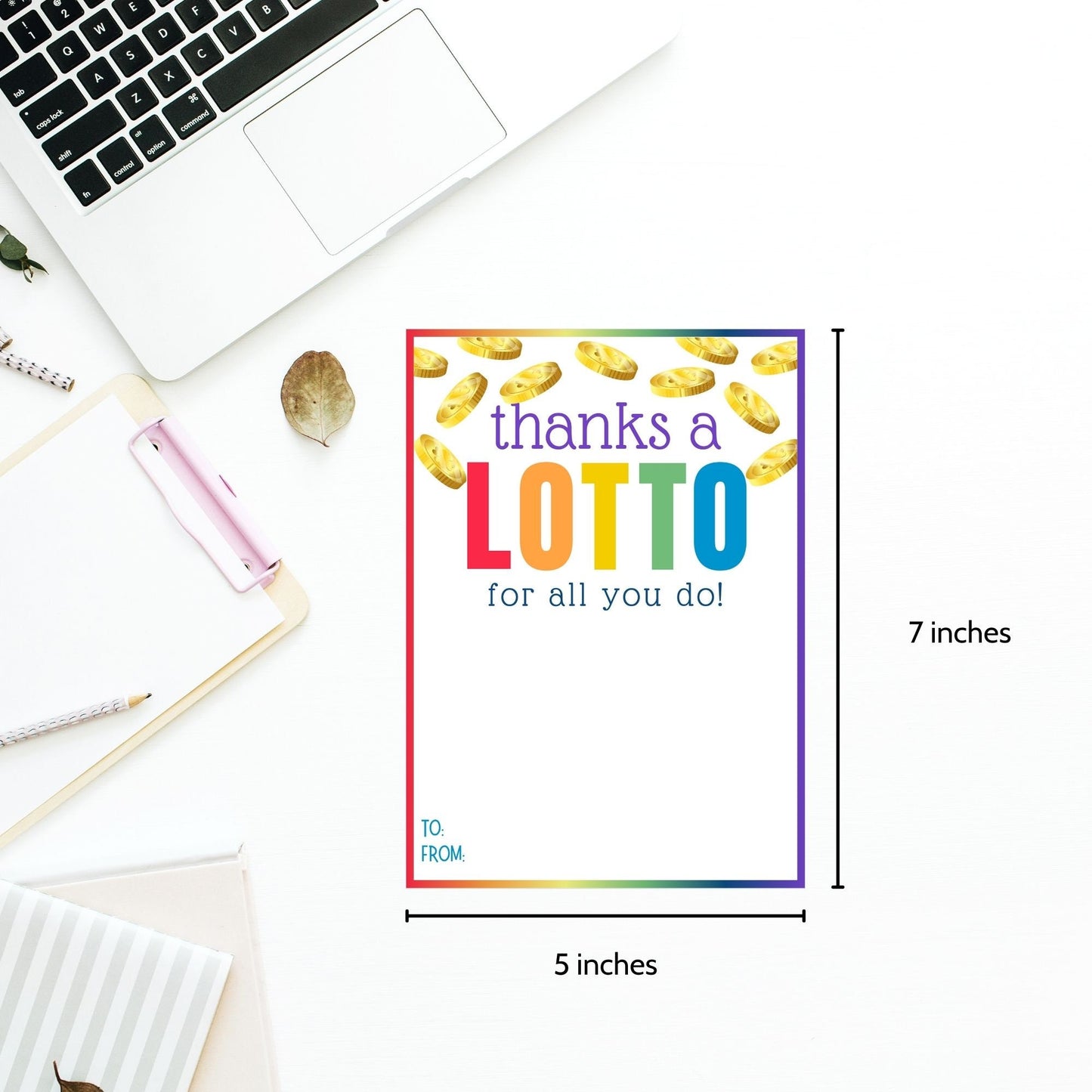 Printable 'Thanks a LOTTO' gift card holders with gold coins decoration, space for personal notes, and a pun on gratitude, designed to hold lottery tickets.