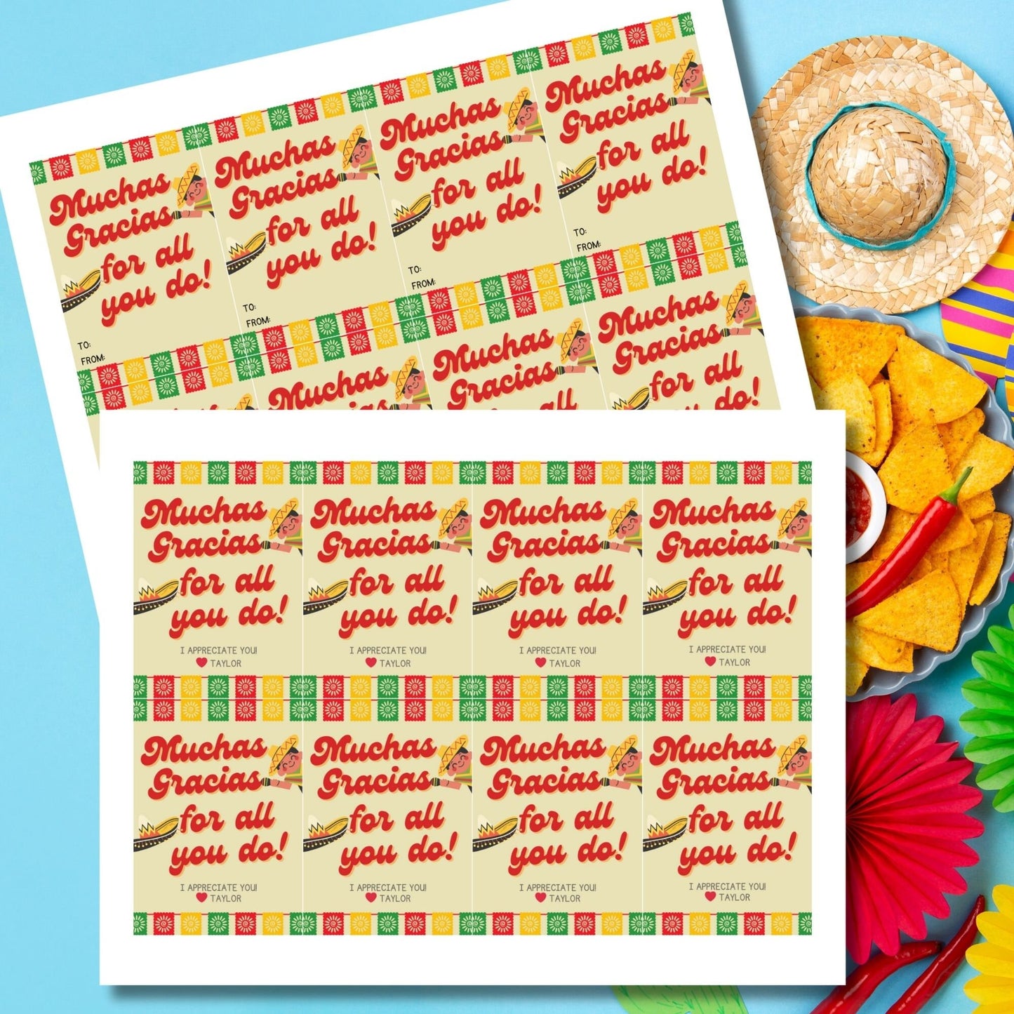 Colorful Muchas Gracias gift tags for Cinco de Mayo in multiple designs with floral and geometric borders, ready-to-print and editable via a Canva link. Ideal for teachers, staff, and more.