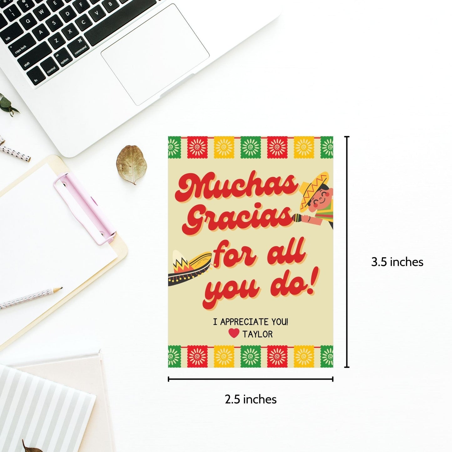 Colorful Muchas Gracias gift tags for Cinco de Mayo in multiple designs with floral and geometric borders, ready-to-print and editable via a Canva link. Ideal for teachers, staff, and more.