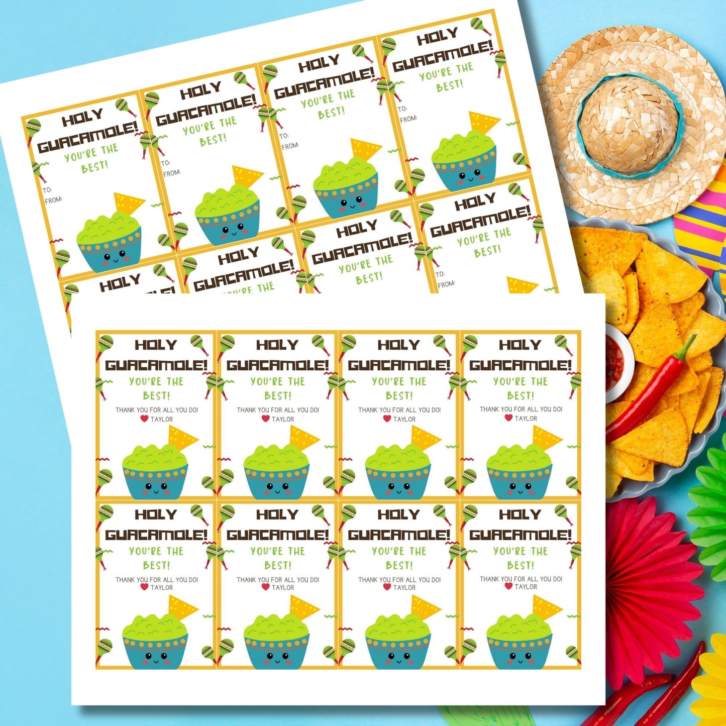 Festive Holy Guacamole! You're the Best! gift tags featuring cute guacamole bowls, decorated with maracas and nachos, available as ready-to-print and editable Canva templates. Perfect for appreciation gifts.