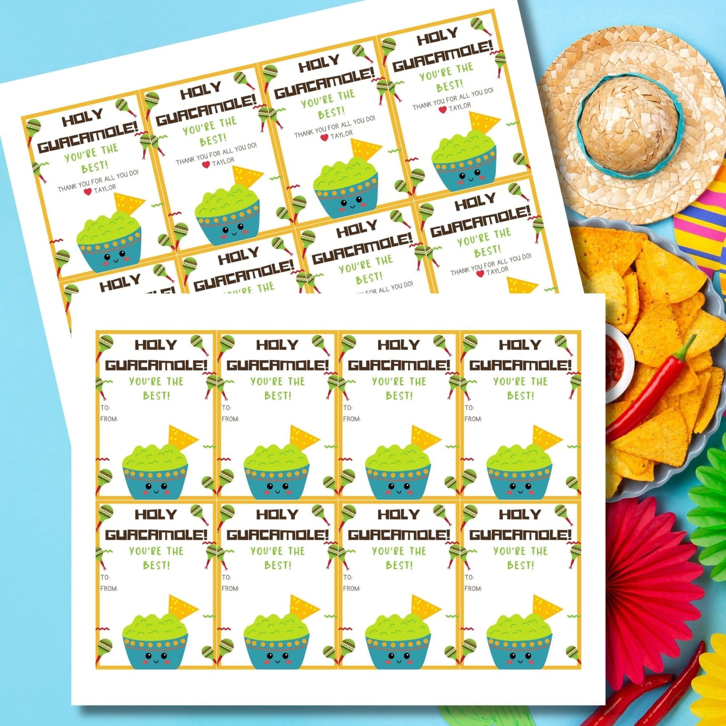 Festive Holy Guacamole! You're the Best! gift tags featuring cute guacamole bowls, decorated with maracas and nachos, available as ready-to-print and editable Canva templates. Perfect for appreciation gifts.