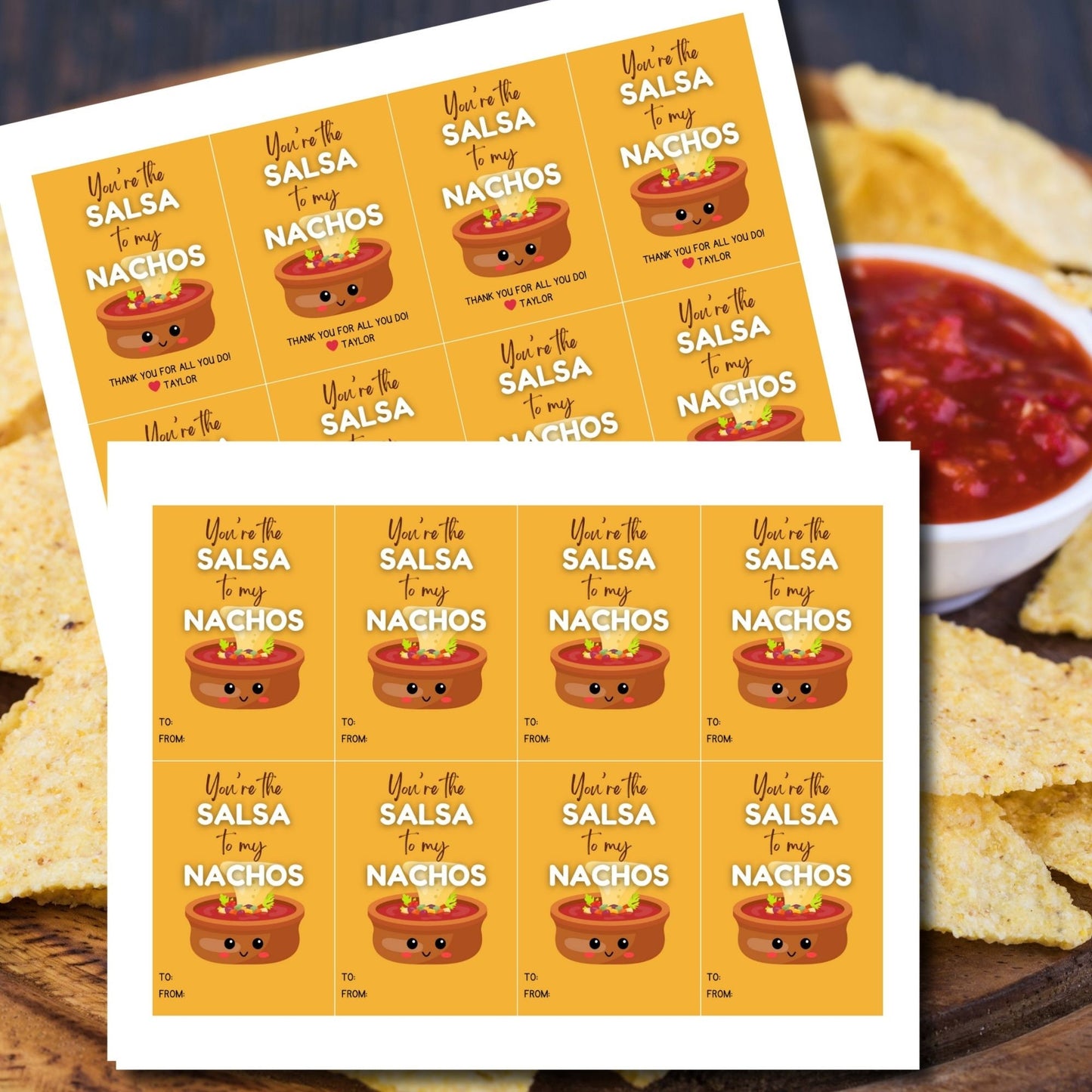 Adorable Youre the Salsa to My Nachos gift tags featuring cute salsa bowls with smiling faces, customizable via an editable Canva link, ideal for Cinco de Mayo appreciation for teachers, staff, and more.