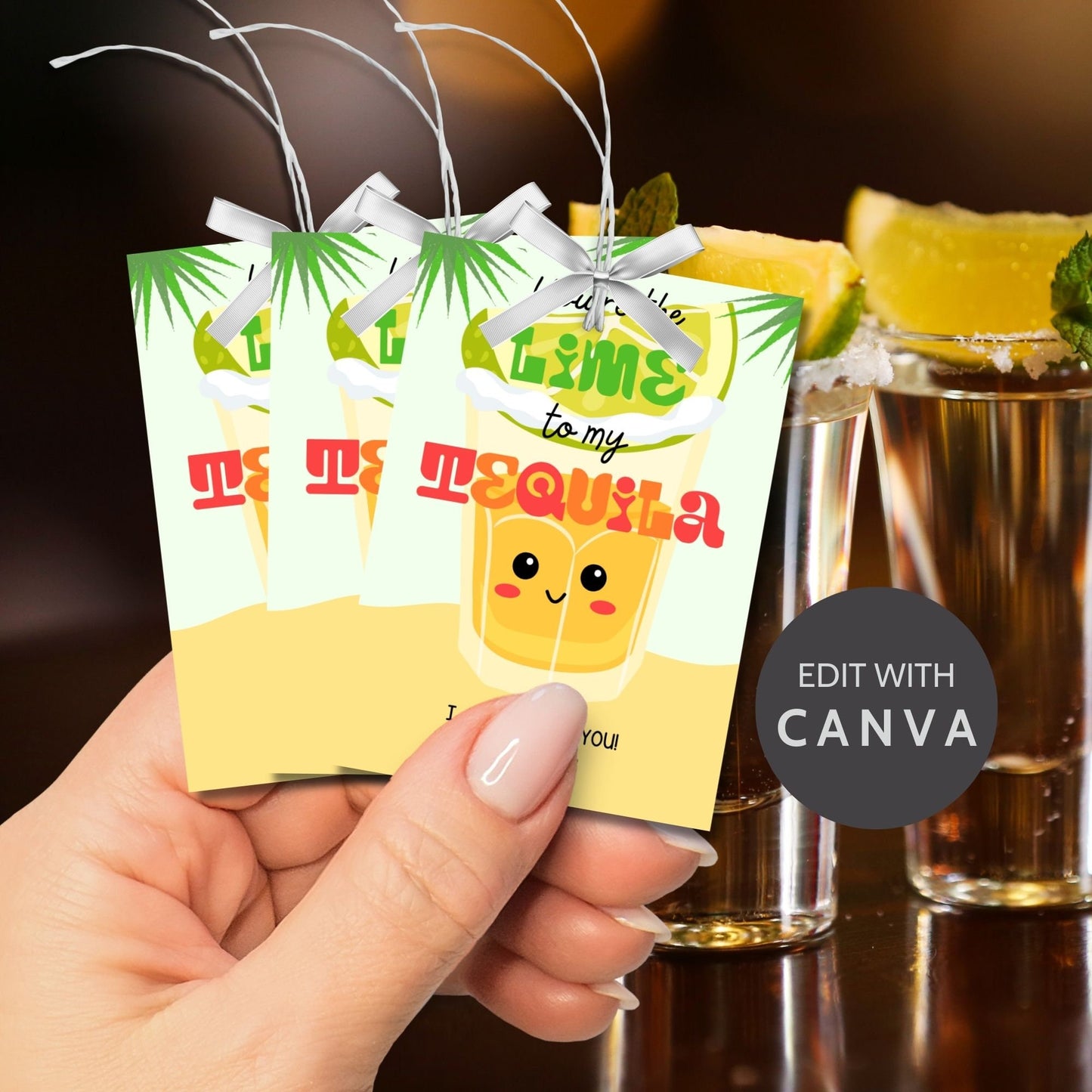 Cheerful Yo're the Lime to My Tequila gift tags with cute tequila shot glass illustrations, surrounded by palm fronds, ready-to-print and customizable via Canva link, perfect for appreciation and festive events.