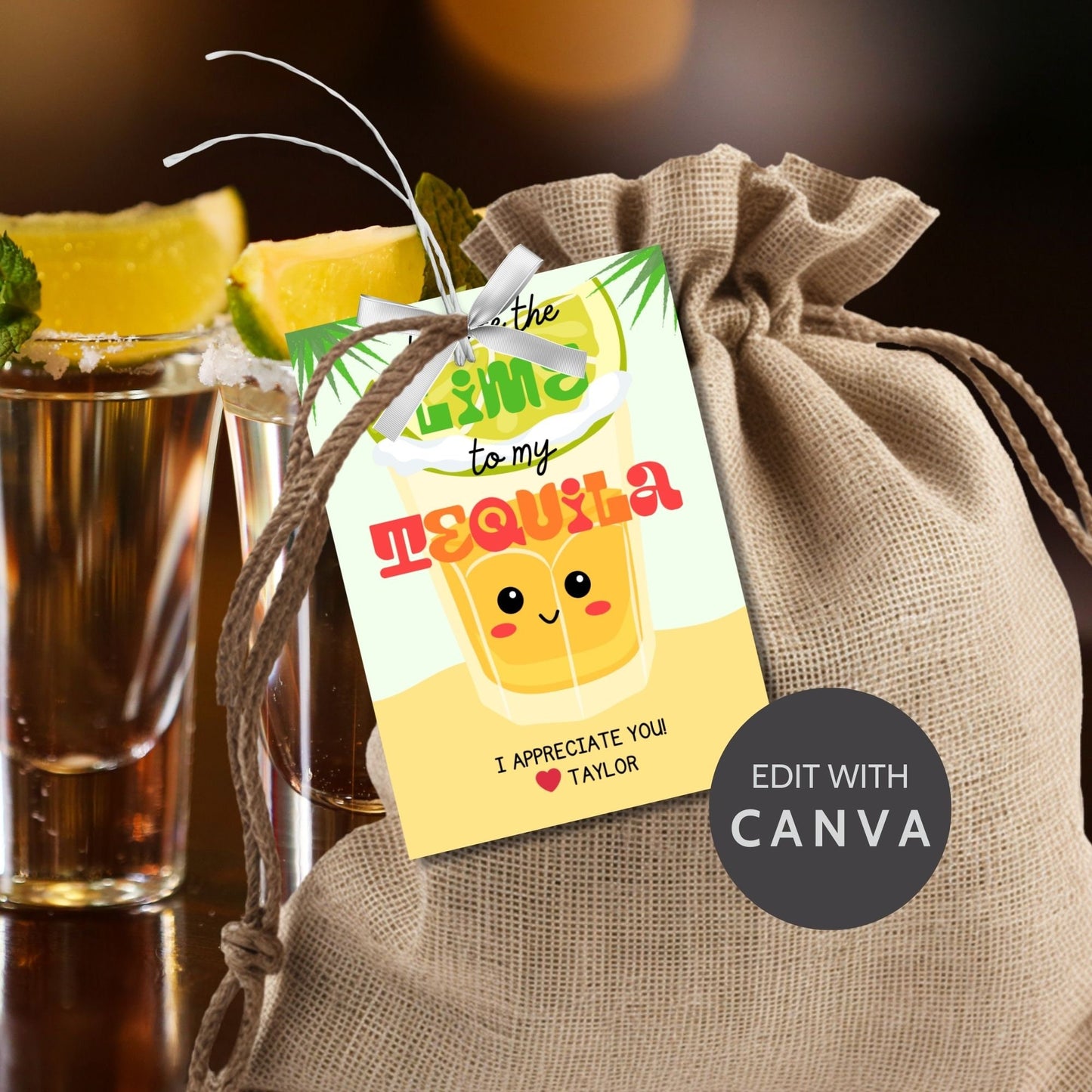 Cheerful Yo're the Lime to My Tequila gift tags with cute tequila shot glass illustrations, surrounded by palm fronds, ready-to-print and customizable via Canva link, perfect for appreciation and festive events.