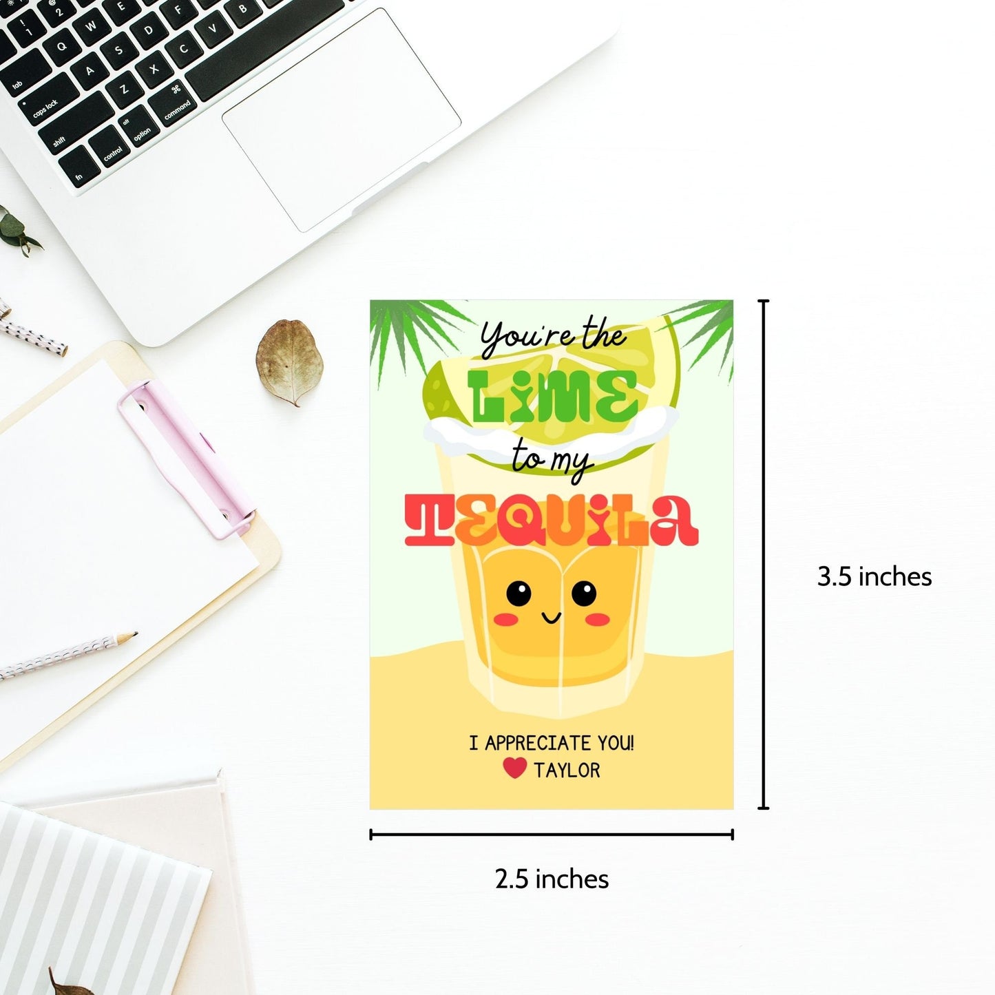 Cheerful Yo're the Lime to My Tequila gift tags with cute tequila shot glass illustrations, surrounded by palm fronds, ready-to-print and customizable via Canva link, perfect for appreciation and festive events.