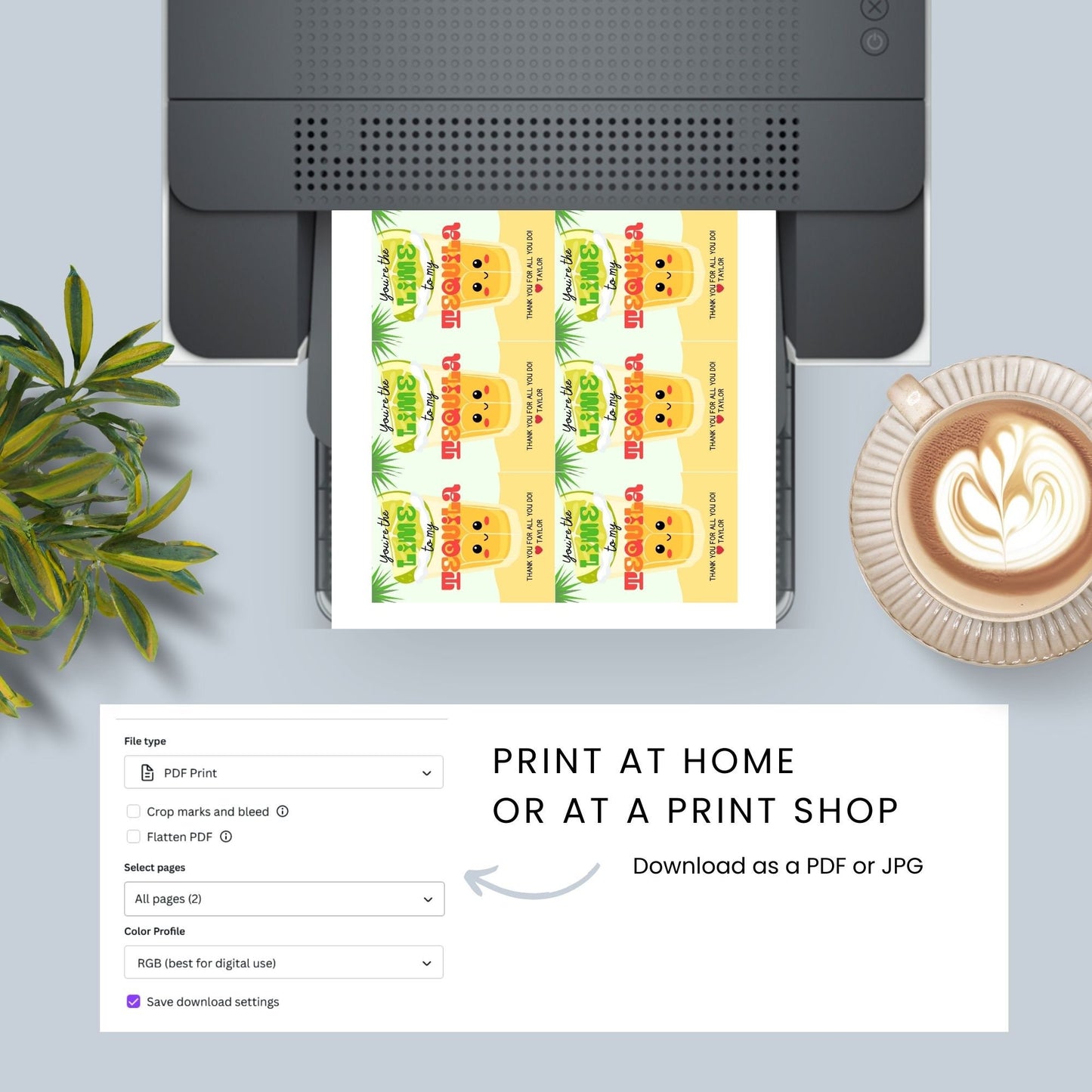 Cheerful Yo're the Lime to My Tequila gift tags with cute tequila shot glass illustrations, surrounded by palm fronds, ready-to-print and customizable via Canva link, perfect for appreciation and festive events.