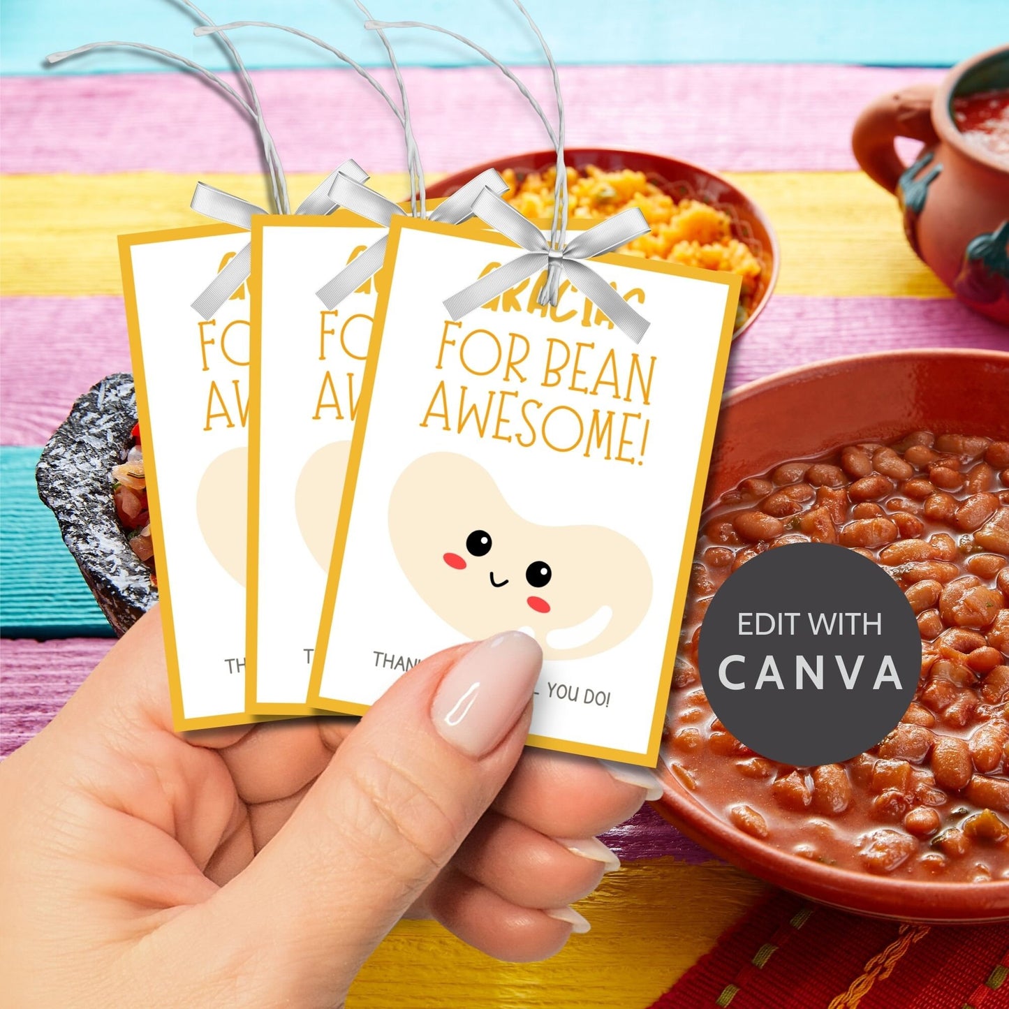 Adorable Gracias for Bean Awesome! gift tags featuring a cute smiling bean character, set against a yellow background, ready-to-print and editable via Canva link, perfect for showing appreciation during Cinco de Mayo or any occasion.
