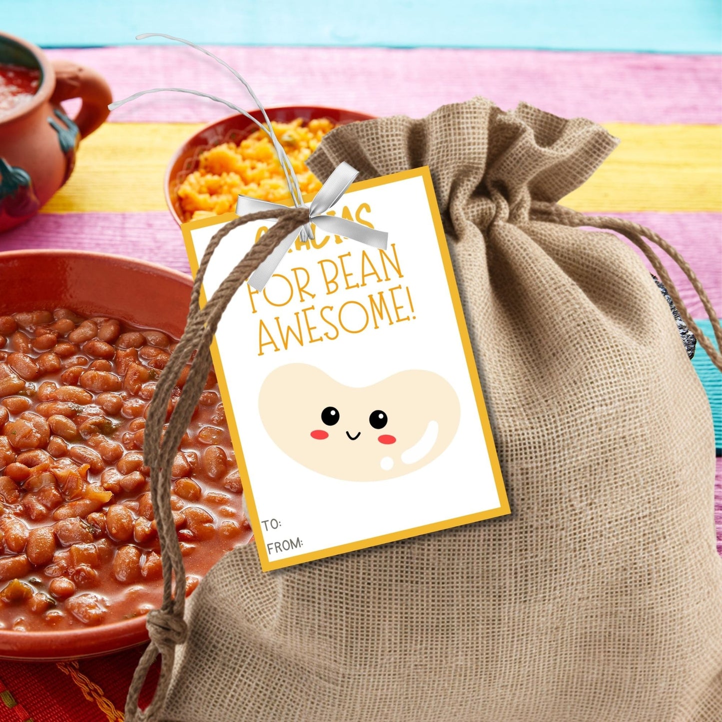 Adorable Gracias for Bean Awesome! gift tags featuring a cute smiling bean character, set against a yellow background, ready-to-print and editable via Canva link, perfect for showing appreciation during Cinco de Mayo or any occasion.