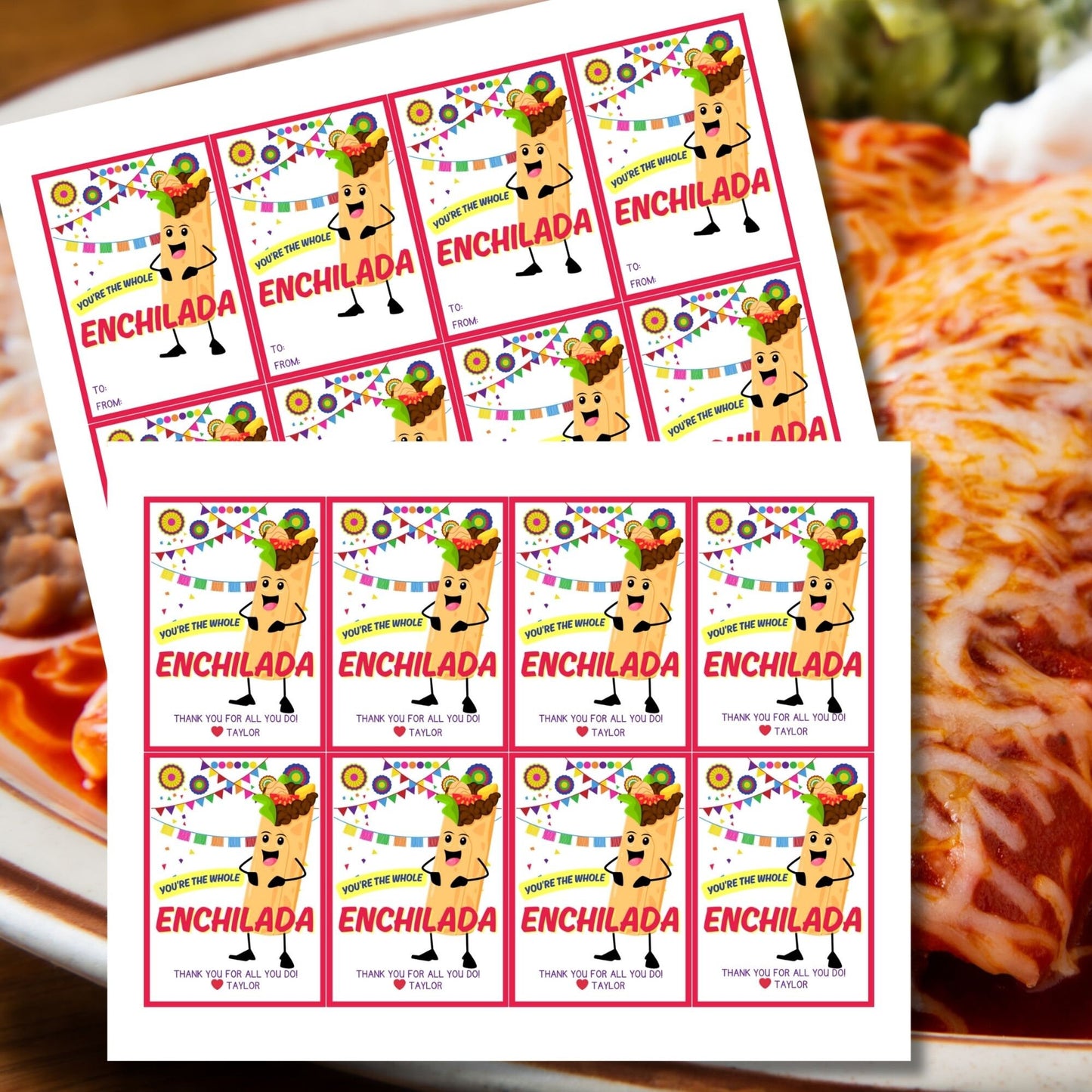 Fun Youre the Whole Enchilada gift tags featuring an animated enchilada character with a mustache, set against a festive background with colorful decorations, ready-to-print and editable via a Canva link, ideal for any festive occasion.