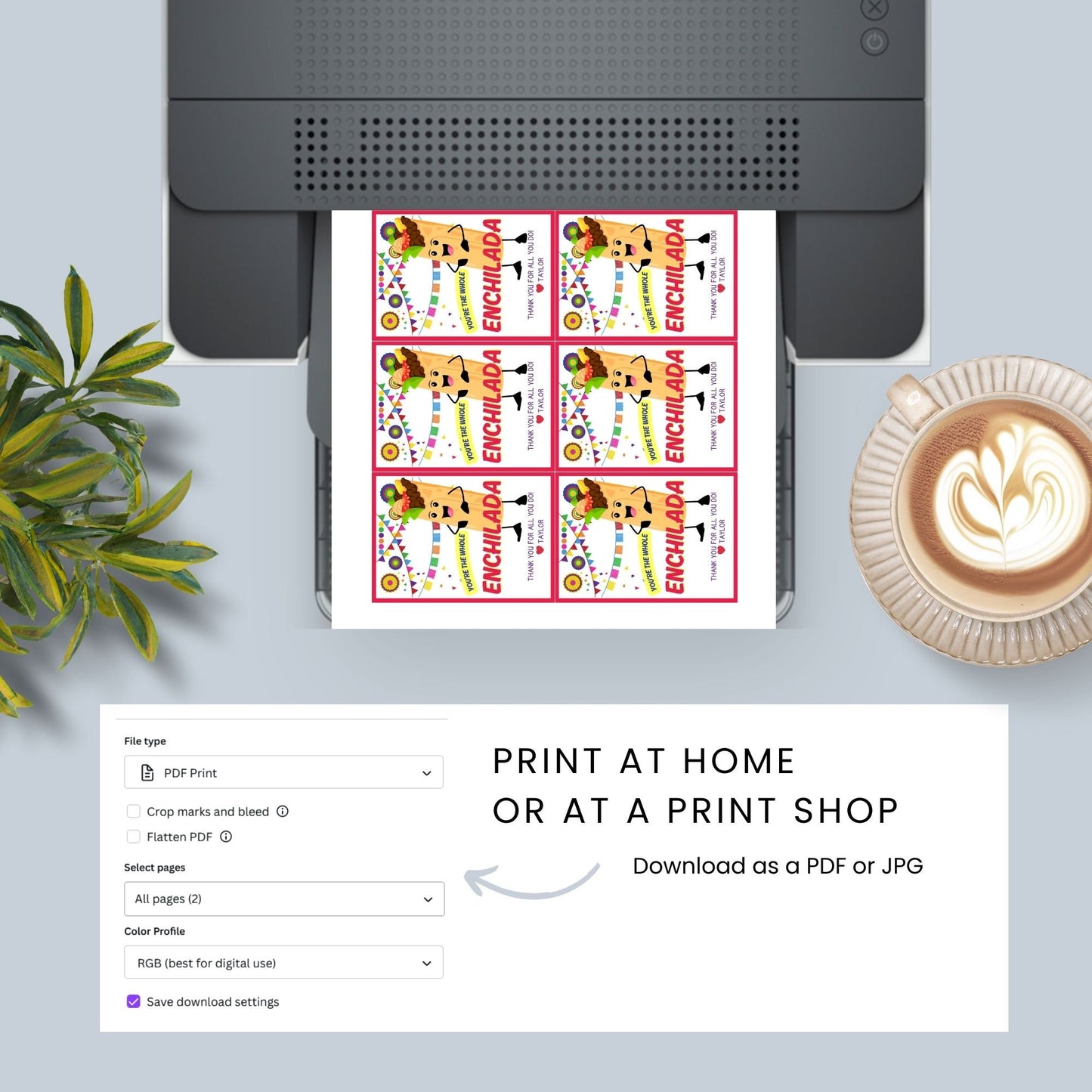 Fun Youre the Whole Enchilada gift tags featuring an animated enchilada character with a mustache, set against a festive background with colorful decorations, ready-to-print and editable via a Canva link, ideal for any festive occasion.