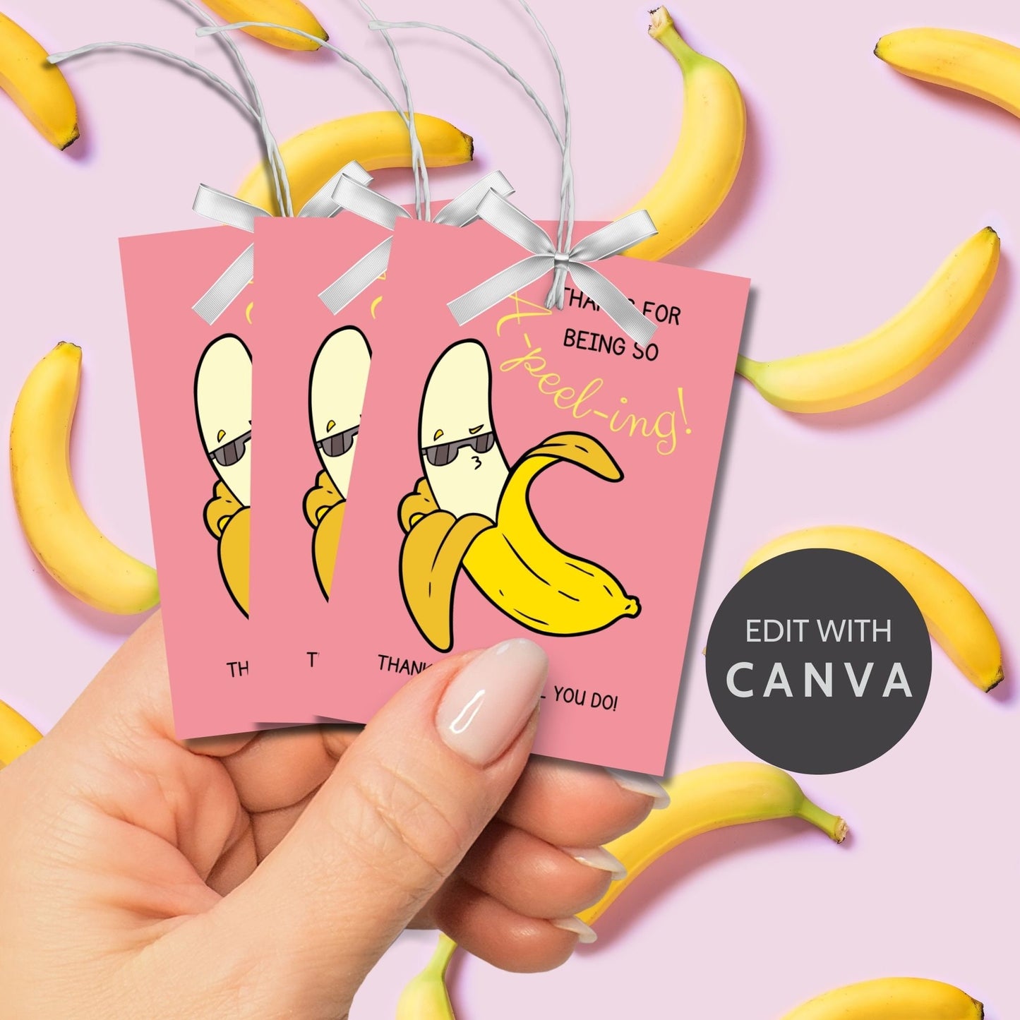 Charming Thanks for Being so A-peeling! gift tags featuring a cartoon banana with a playful expression, set against a pink background, ready-to-print and editable via a Canva link, perfect for light-hearted appreciation gifts.