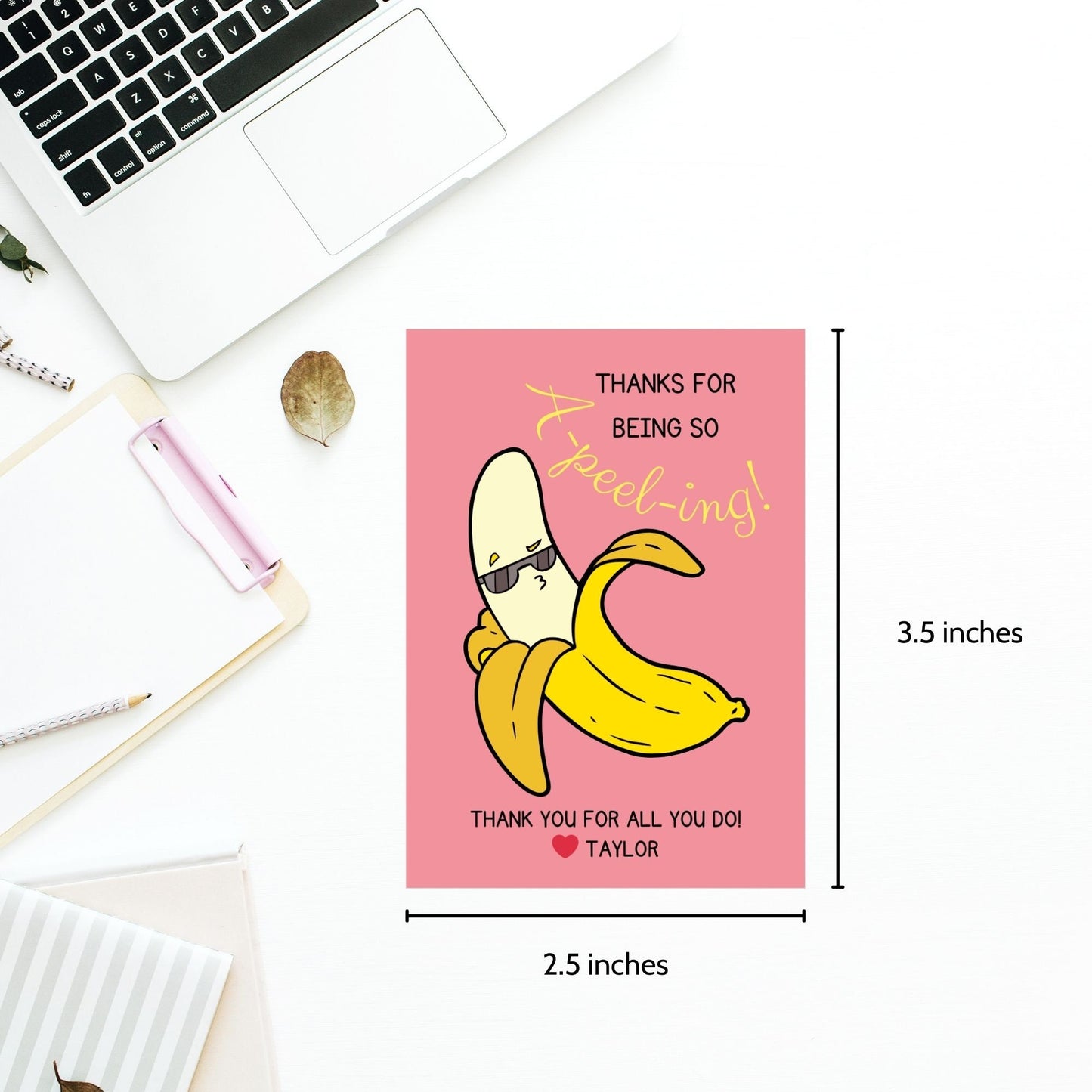 Charming Thanks for Being so A-peeling! gift tags featuring a cartoon banana with a playful expression, set against a pink background, ready-to-print and editable via a Canva link, perfect for light-hearted appreciation gifts.