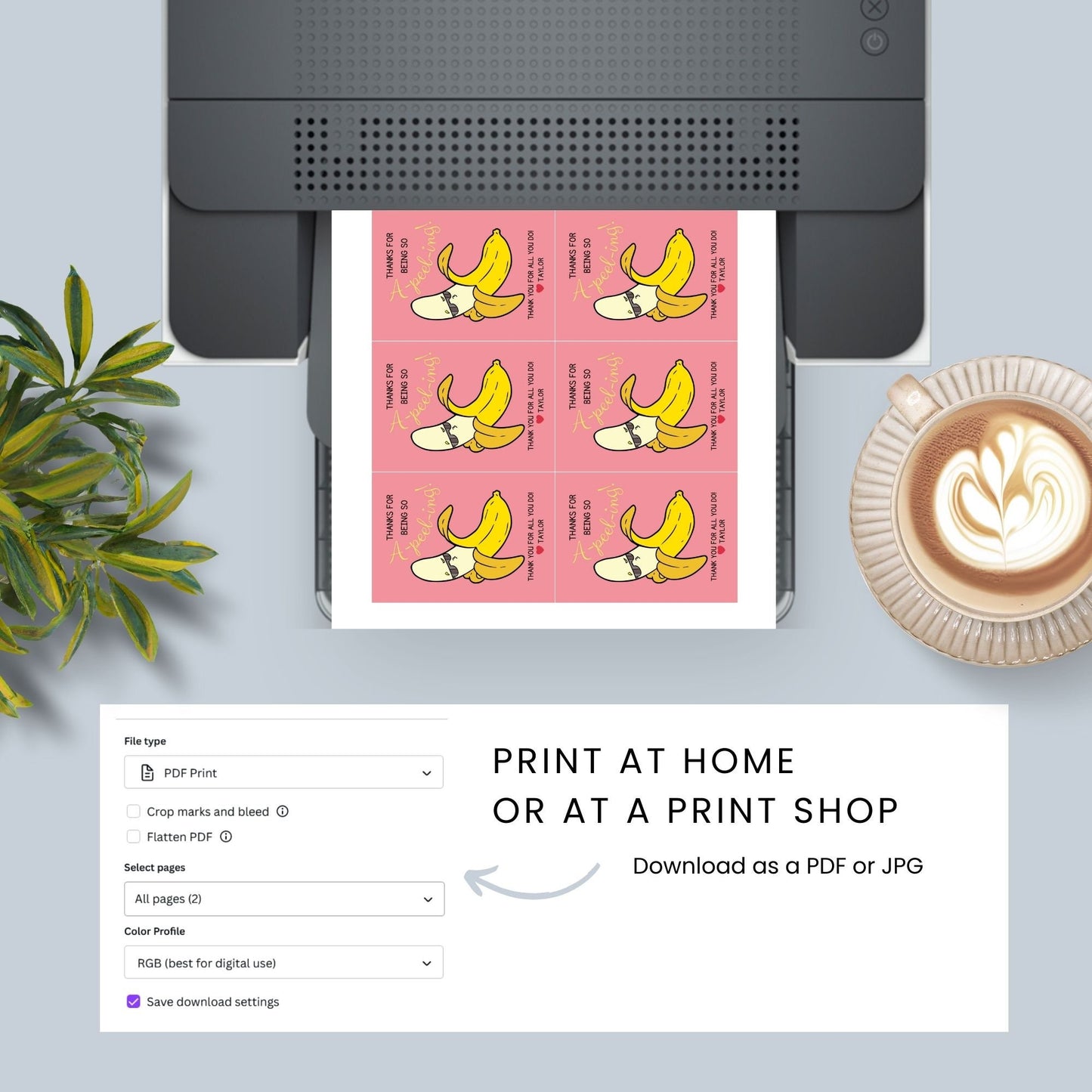 Charming Thanks for Being so A-peeling! gift tags featuring a cartoon banana with a playful expression, set against a pink background, ready-to-print and editable via a Canva link, perfect for light-hearted appreciation gifts.