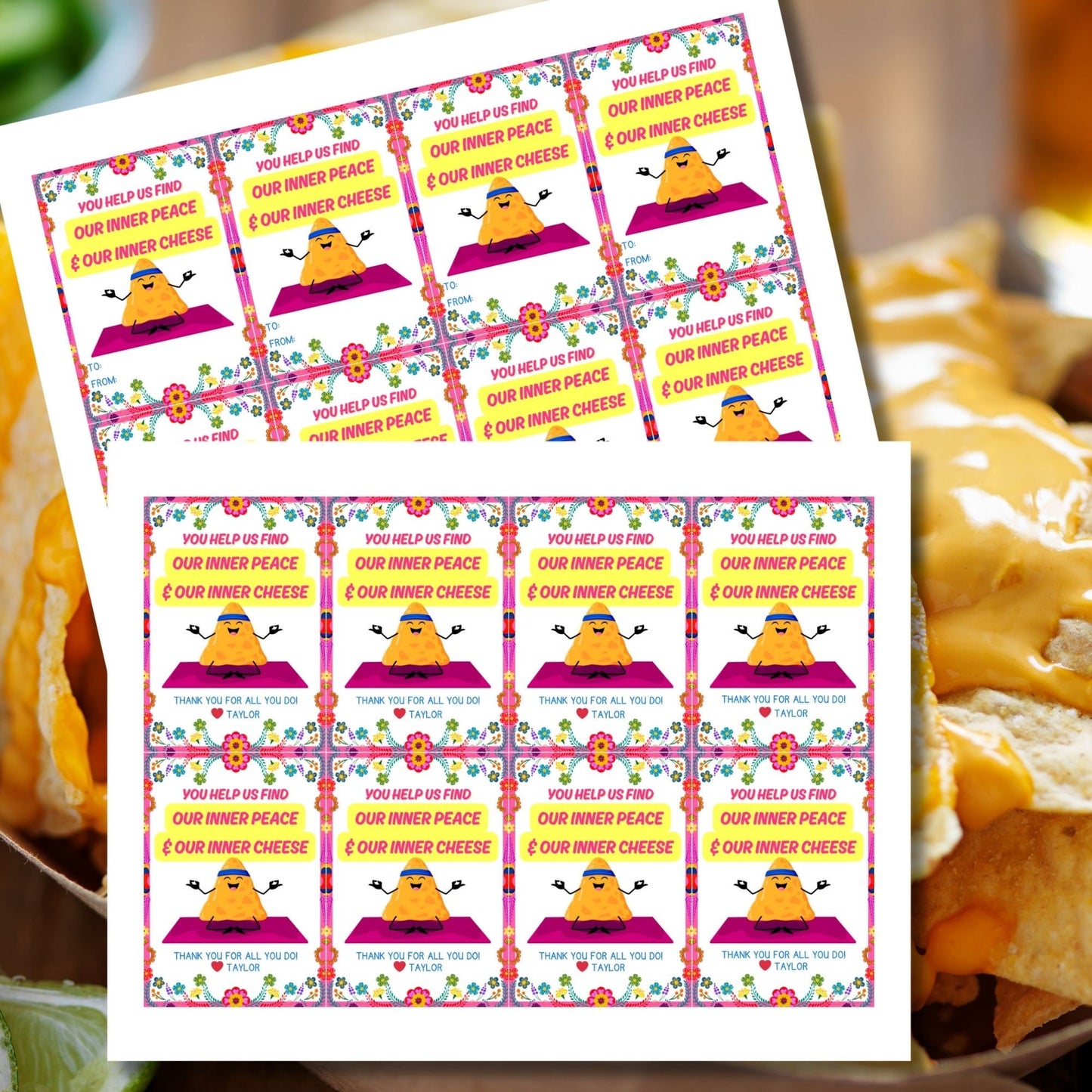Humorous You Help Us Find Our Inner Peace & Our Inner Cheese gift tags featuring a meditating cheese character on a yoga mat, surrounded by a vibrant floral border, ready-to-print and customizable via a Canva link, perfect for appreciation gifts.