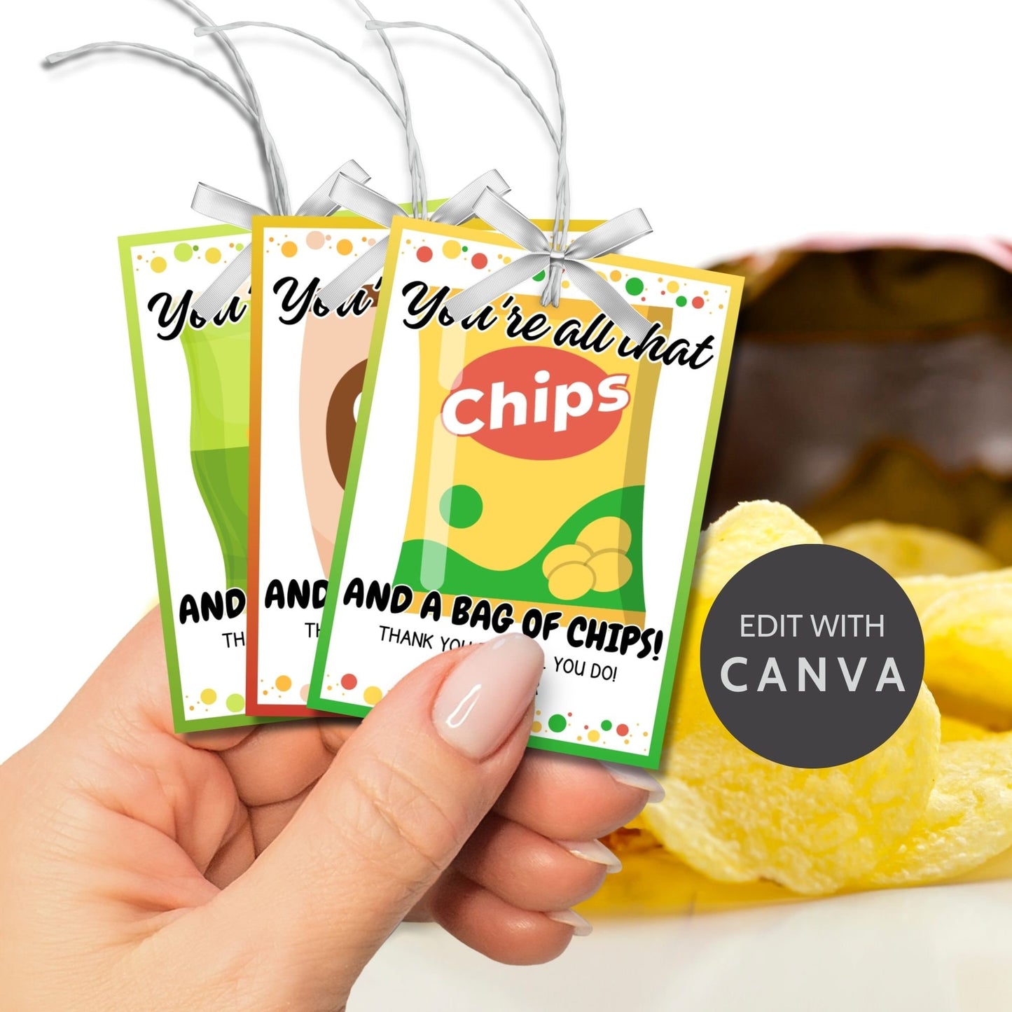 16 designs printable gift tags with various chip bag designs, with the phrase Youre all that and a bag of chips! Thank you for all you do! Editable name slot included.