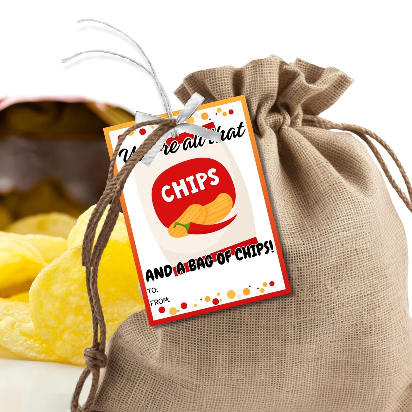 16 designs printable gift tags with various chip bag designs, with the phrase Youre all that and a bag of chips! Thank you for all you do! Editable name slot included.
