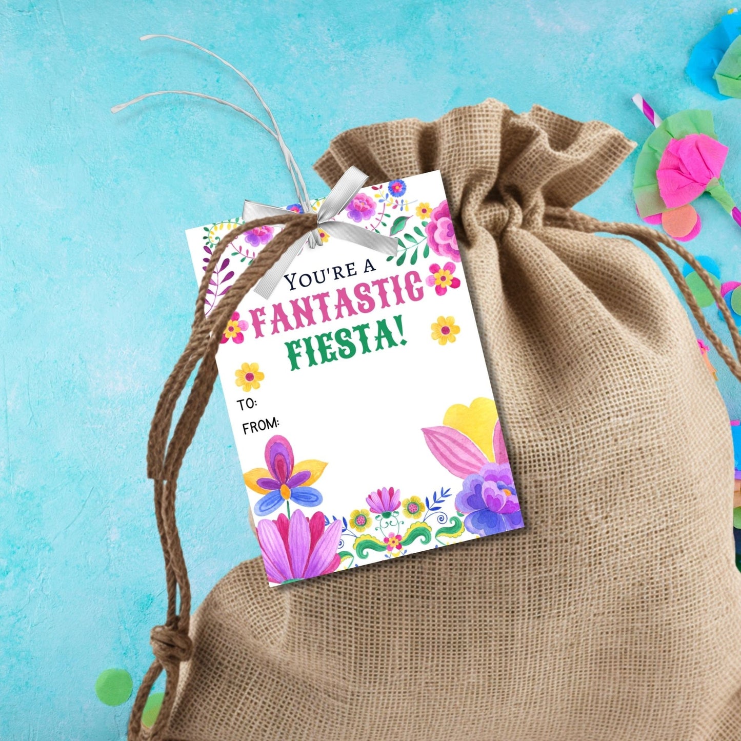 Vibrant Youre a Fantastic Fiesta! gift tags adorned with colorful flowers and festive patterns, ready-to-print and editable via a Canva link, perfect for adding a celebratory touch to Cinco de Mayo gifts and appreciation events.