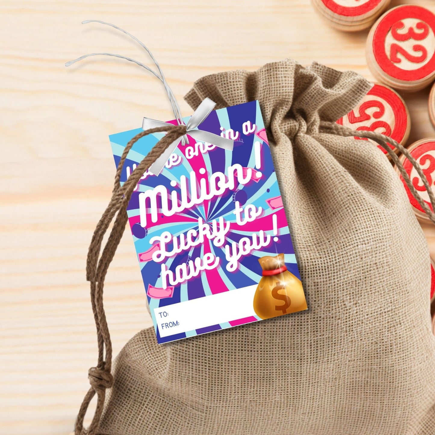 Vibrant You're One in a Million Lucky to Have You lotto-themed gift tags with editable name field, in striking pink and blue hues.