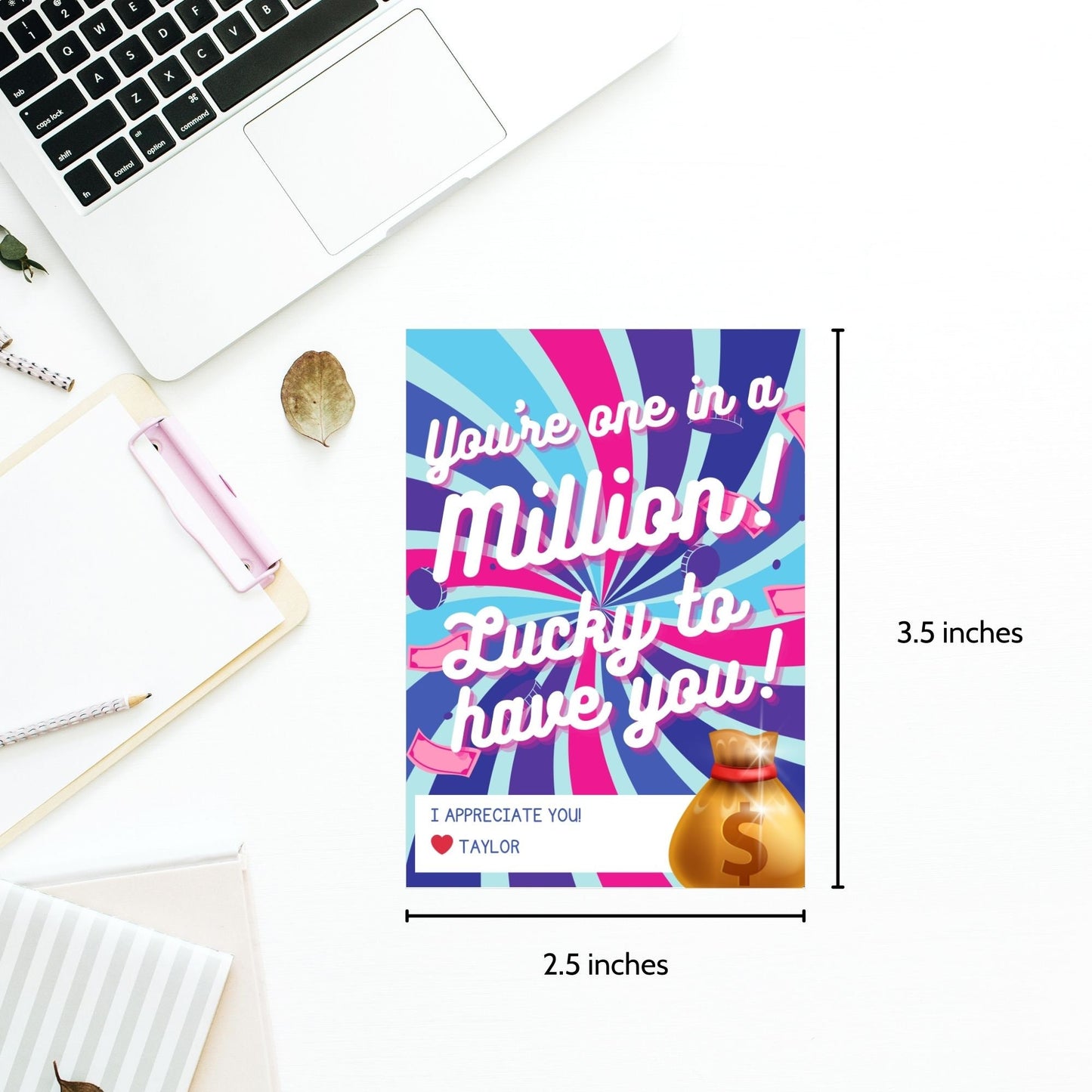 Vibrant You're One in a Million Lucky to Have You lotto-themed gift tags with editable name field, in striking pink and blue hues.