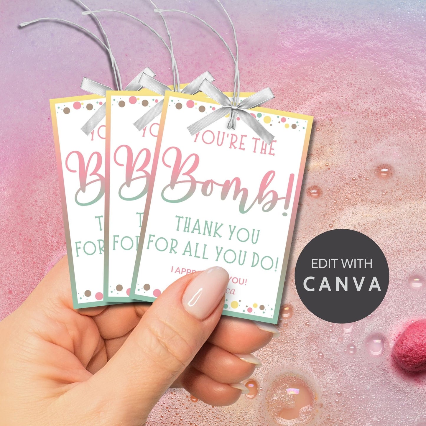 A vibrant display of Youre the Bomb! gift tags in pastel tones with playful polka dots, customizable for printing and ready for attaching to any appreciation gift.