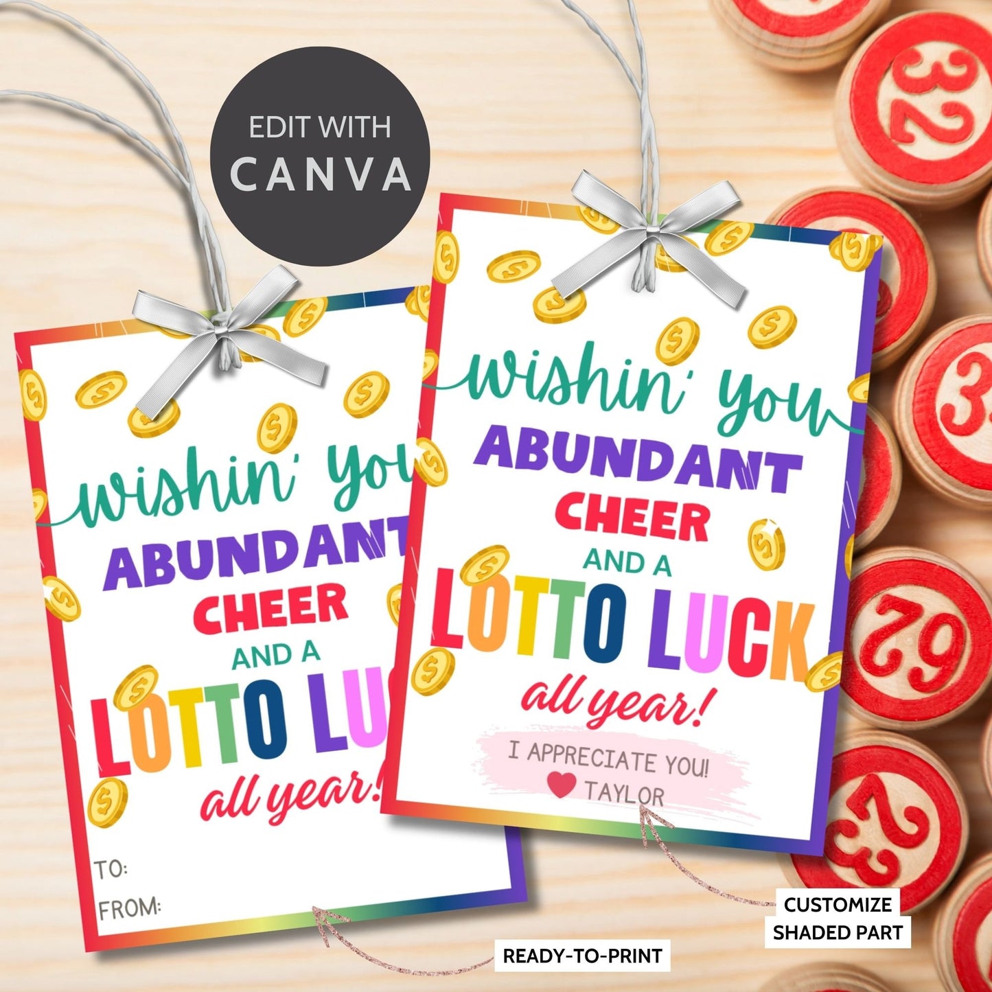 Colorful Wishin you abundant cheer and a lotto luck all year!' gift tags, editable for personalization, adorned with golden coins.