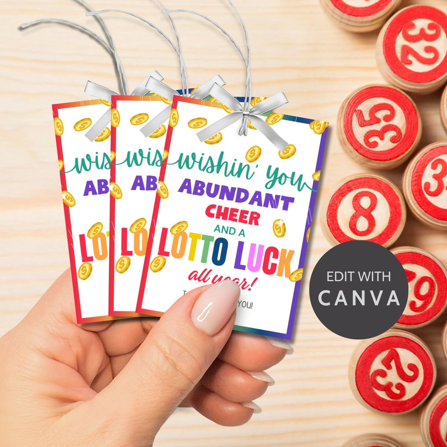 Colorful Wishin you abundant cheer and a lotto luck all year!' gift tags, editable for personalization, adorned with golden coins.