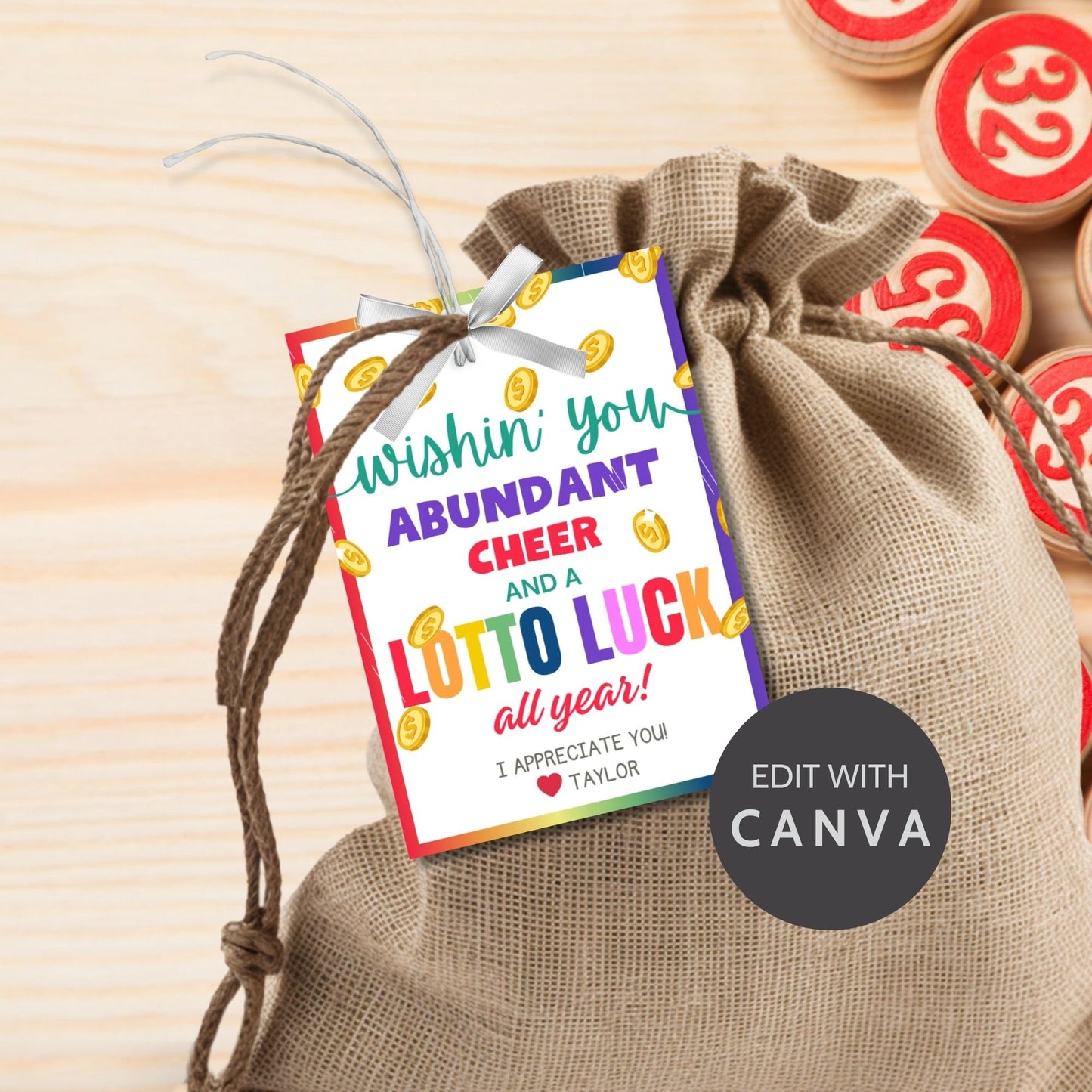 Colorful Wishin you abundant cheer and a lotto luck all year!' gift tags, editable for personalization, adorned with golden coins.