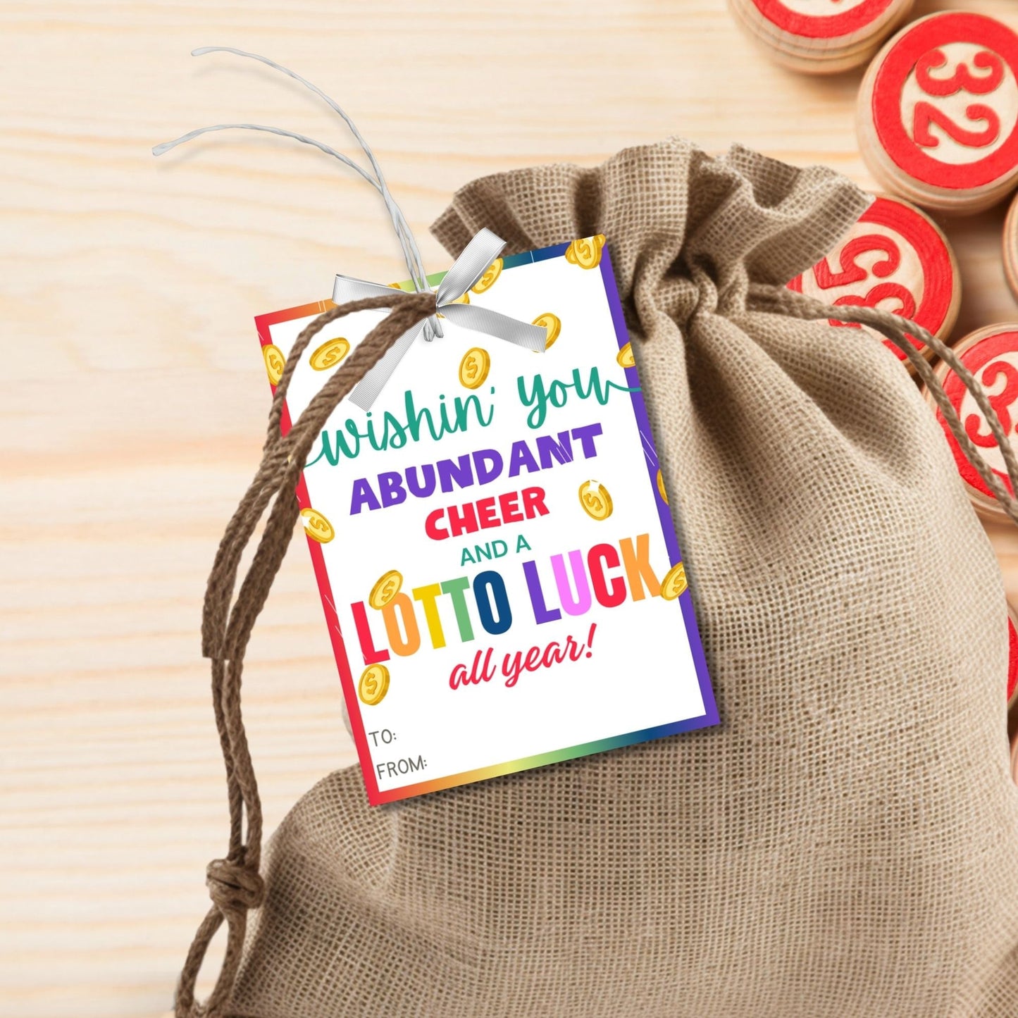 Colorful Wishin you abundant cheer and a lotto luck all year!' gift tags, editable for personalization, adorned with golden coins.