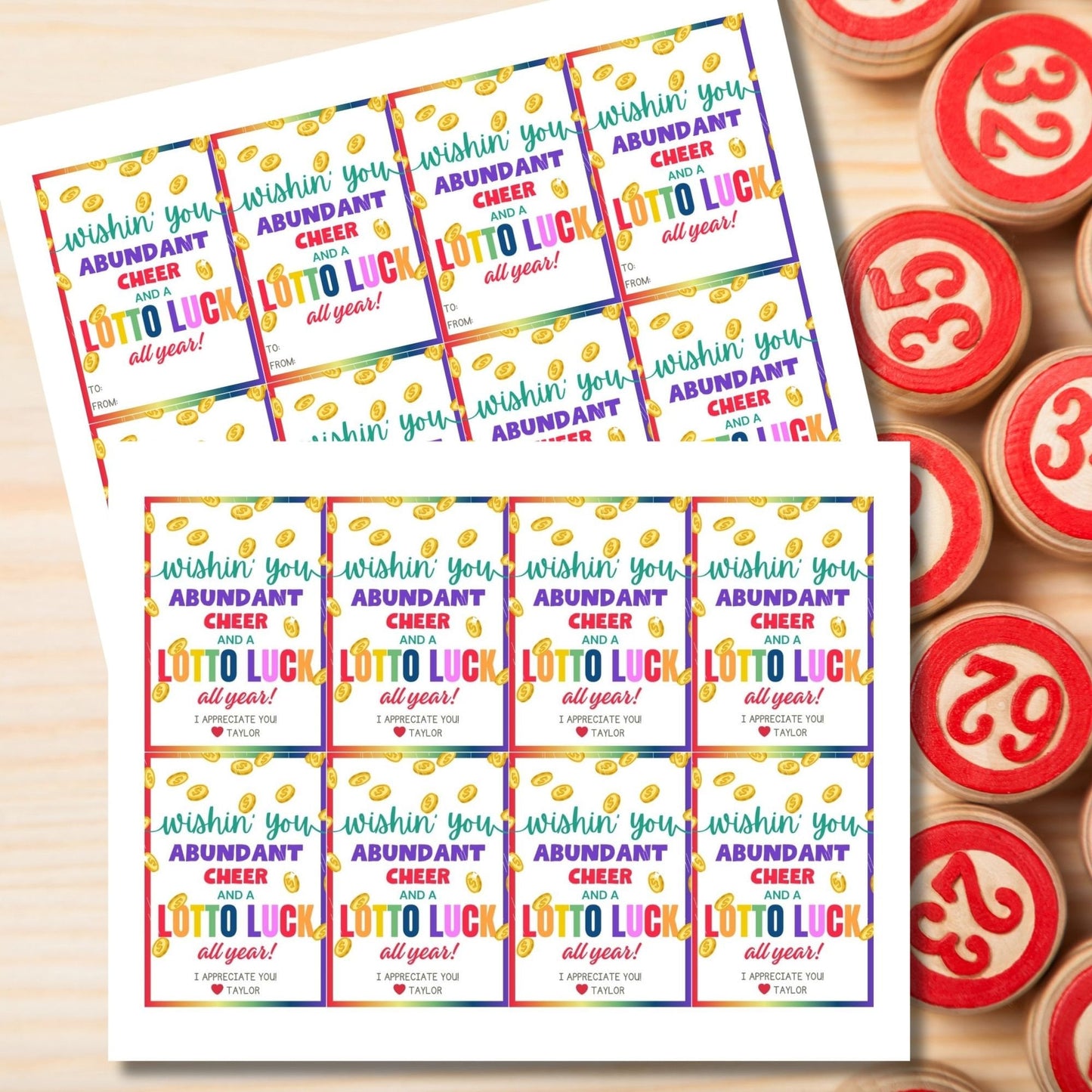 Colorful Wishin you abundant cheer and a lotto luck all year!' gift tags, editable for personalization, adorned with golden coins.
