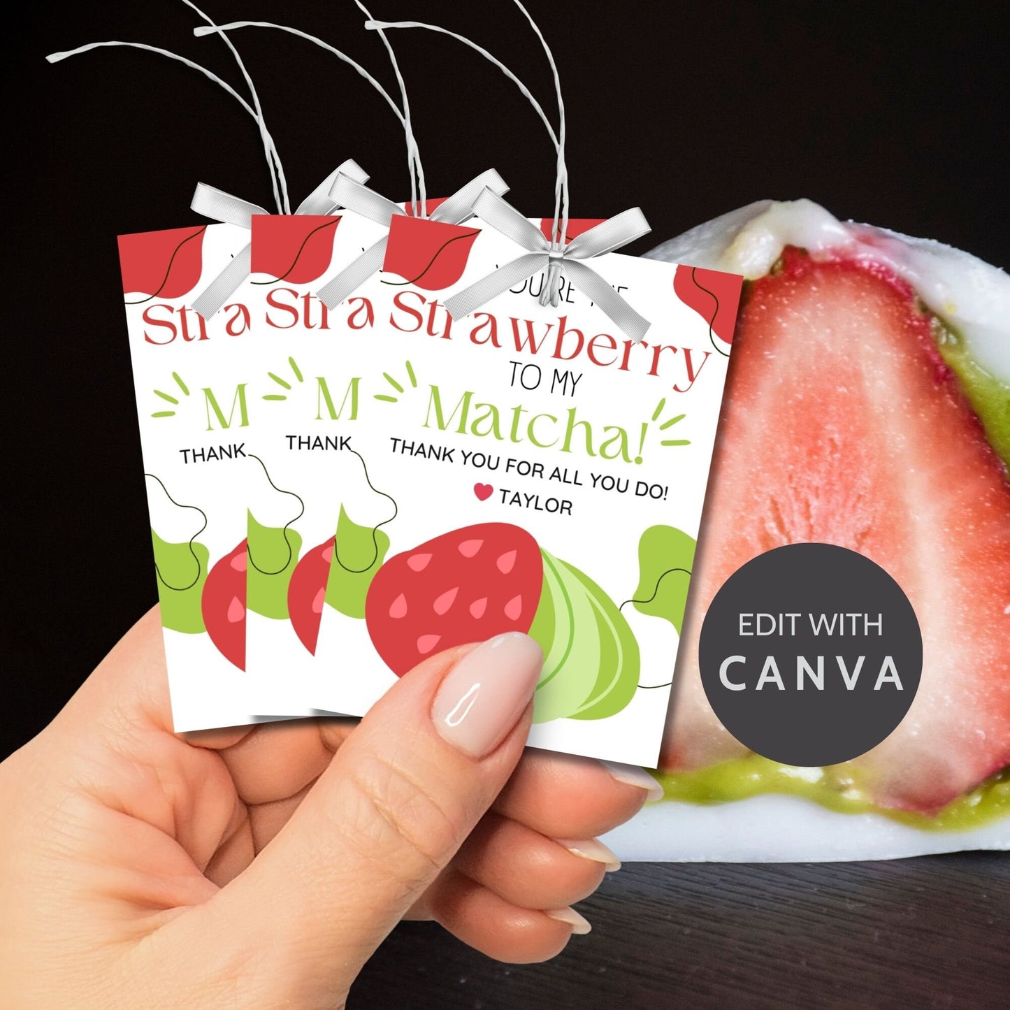 Appreciation gift tags featuring a cute matcha and strawberry illustration with the text Youre the Strawberry to My Matcha! Thank you for all you do! Perfect for showing gratitude.
