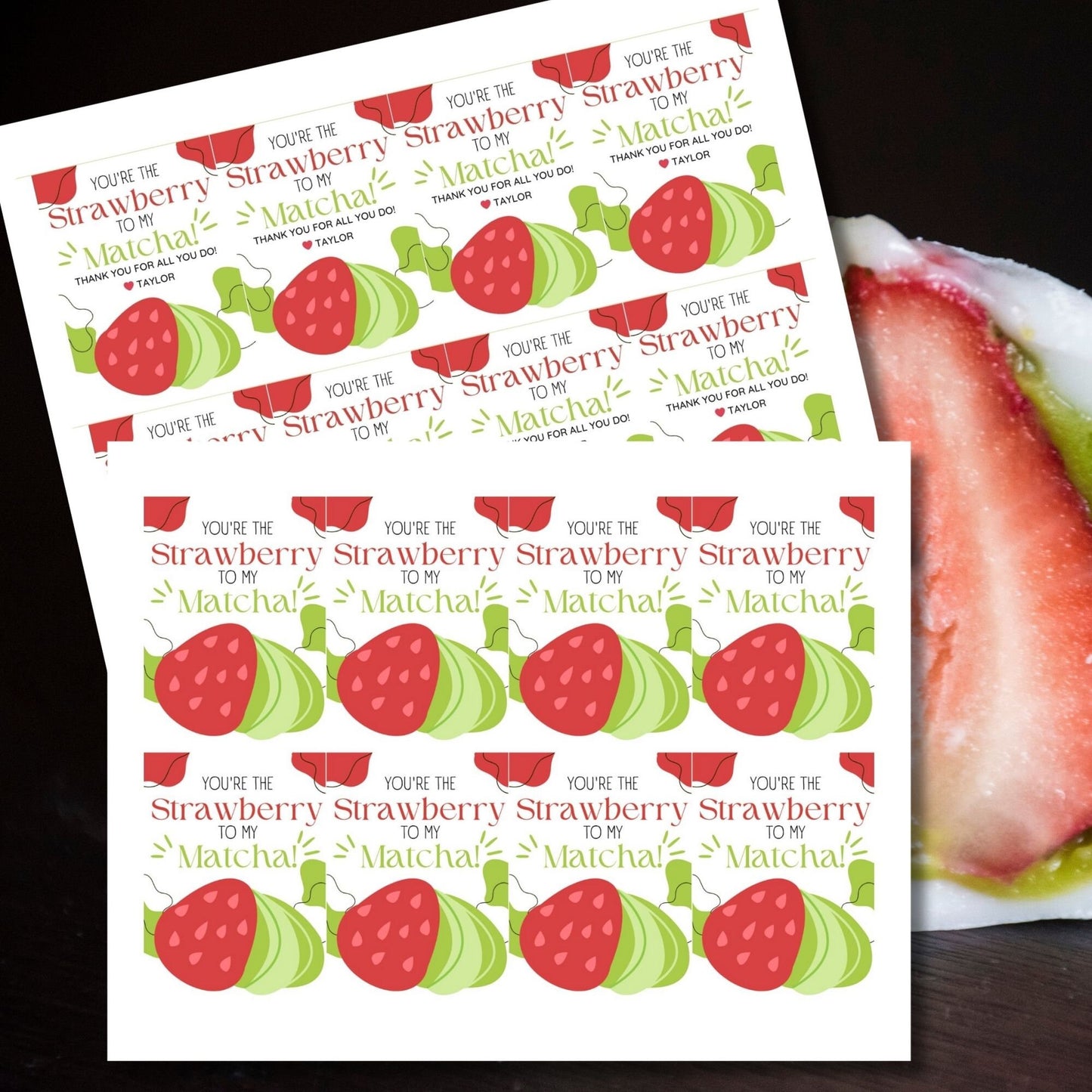 Appreciation gift tags featuring a cute matcha and strawberry illustration with the text Youre the Strawberry to My Matcha! Thank you for all you do! Perfect for showing gratitude.
