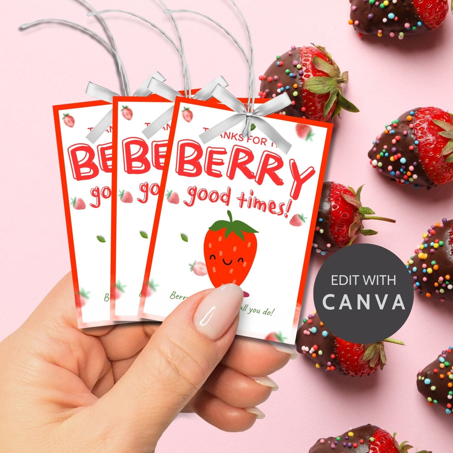 Colorful gift tags with a vibrant strawberry and the playful phrase Thanks for the Berry good times! Berry thankful for all you do! Perfect for adding a personal touch to any appreciation gift.