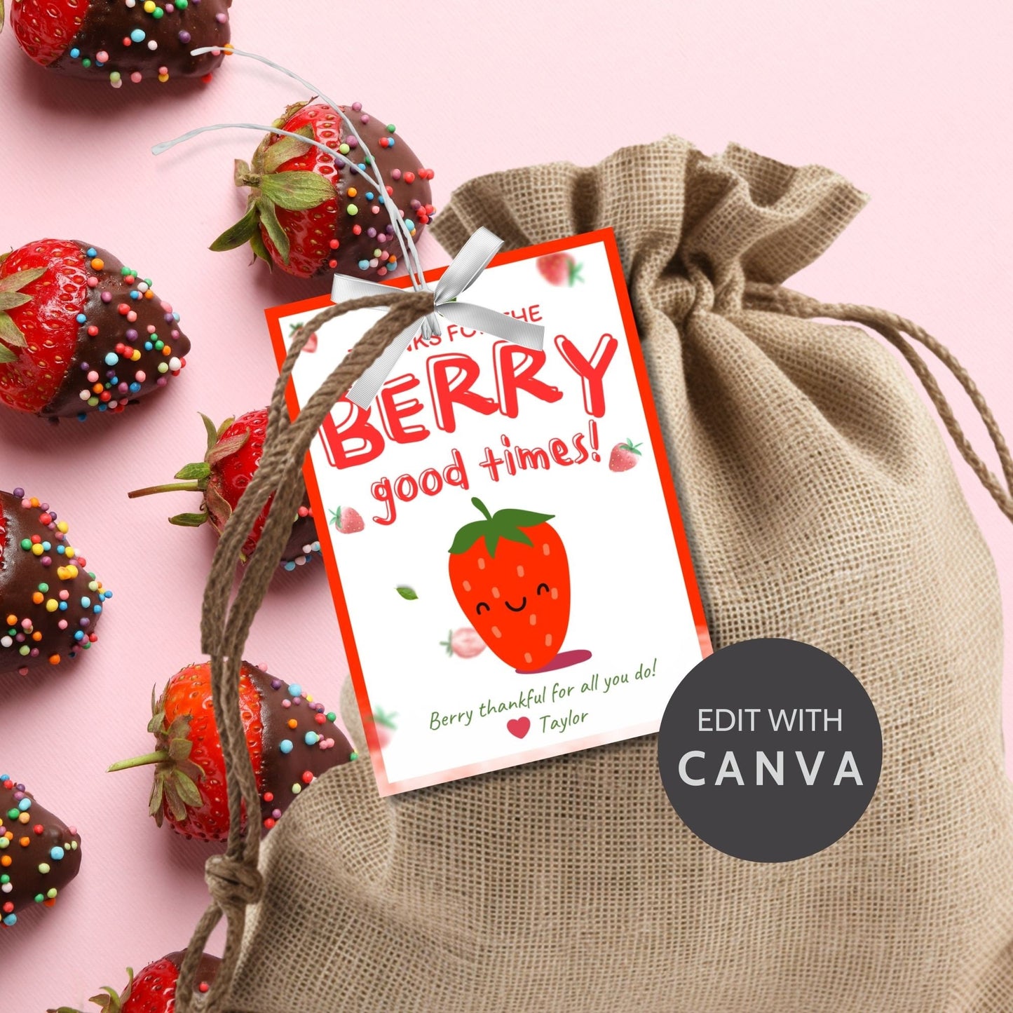Colorful gift tags with a vibrant strawberry and the playful phrase Thanks for the Berry good times! Berry thankful for all you do! Perfect for adding a personal touch to any appreciation gift.
