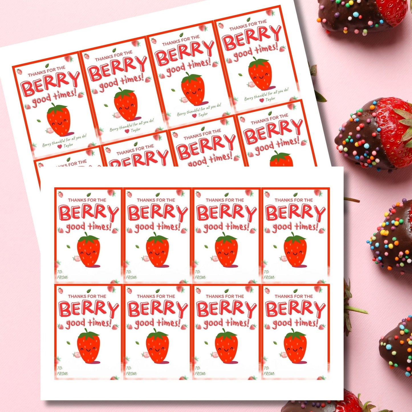 Colorful gift tags with a vibrant strawberry and the playful phrase Thanks for the Berry good times! Berry thankful for all you do! Perfect for adding a personal touch to any appreciation gift.