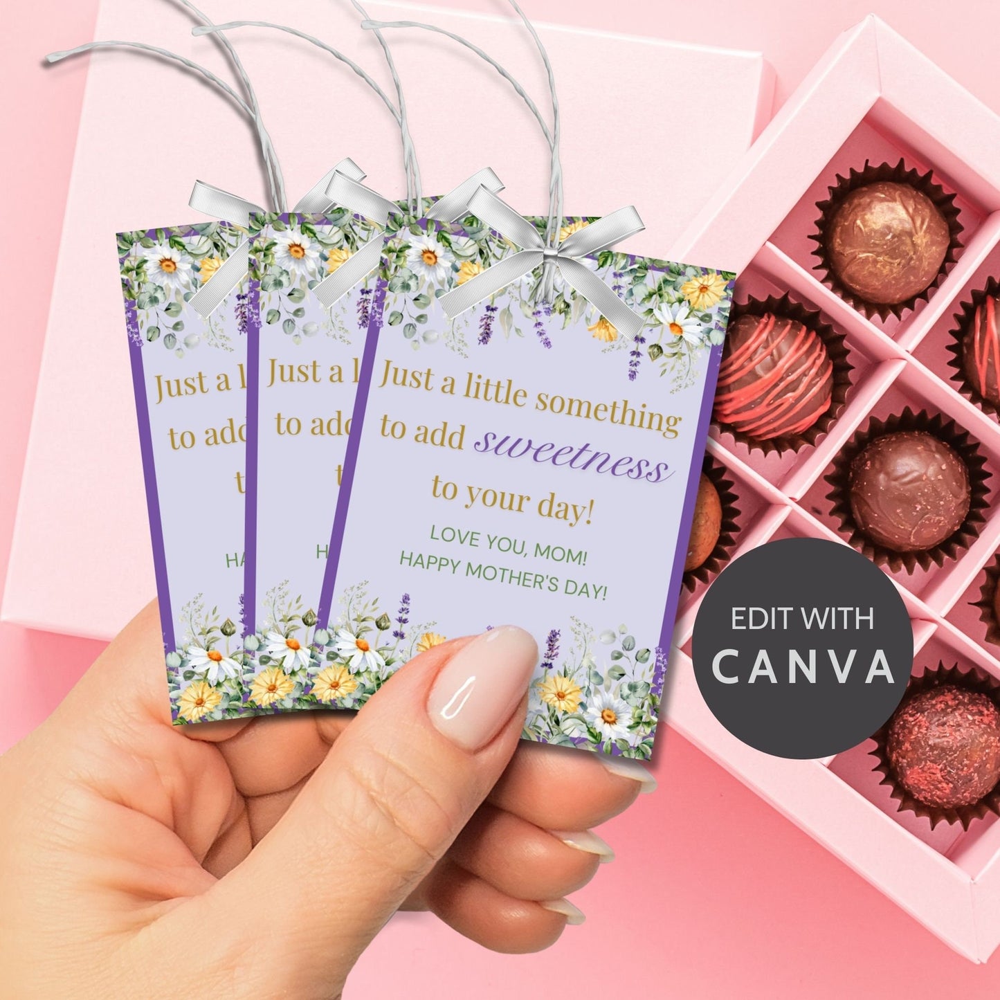 Floral Mothers Day gift tags surrounded by daisies and lavender on a purple background, with text Just a little something to add sweetness to your day! Love you, Mom! Happy Mother's Day!