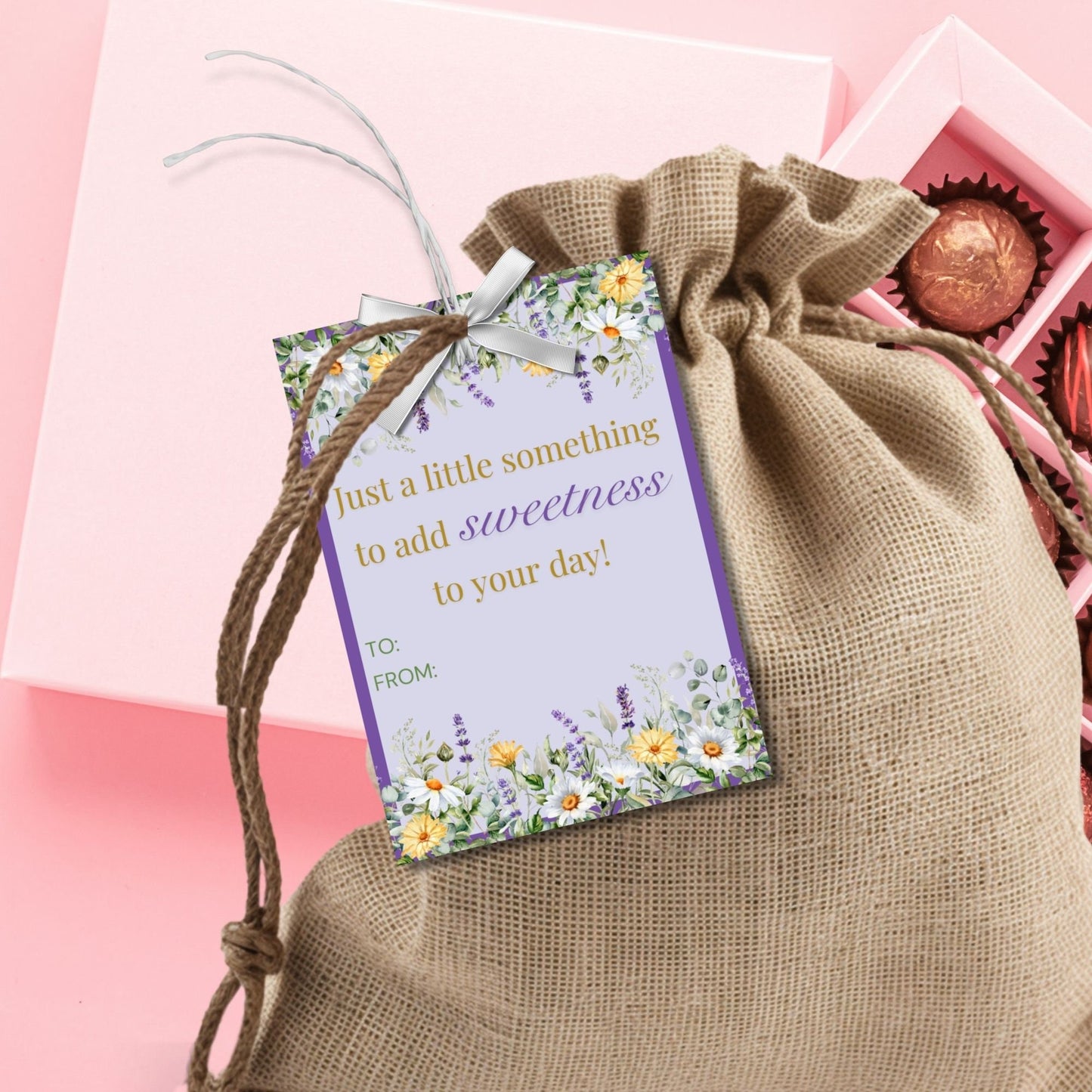Floral Mothers Day gift tags surrounded by daisies and lavender on a purple background, with text Just a little something to add sweetness to your day! Love you, Mom! Happy Mother's Day!